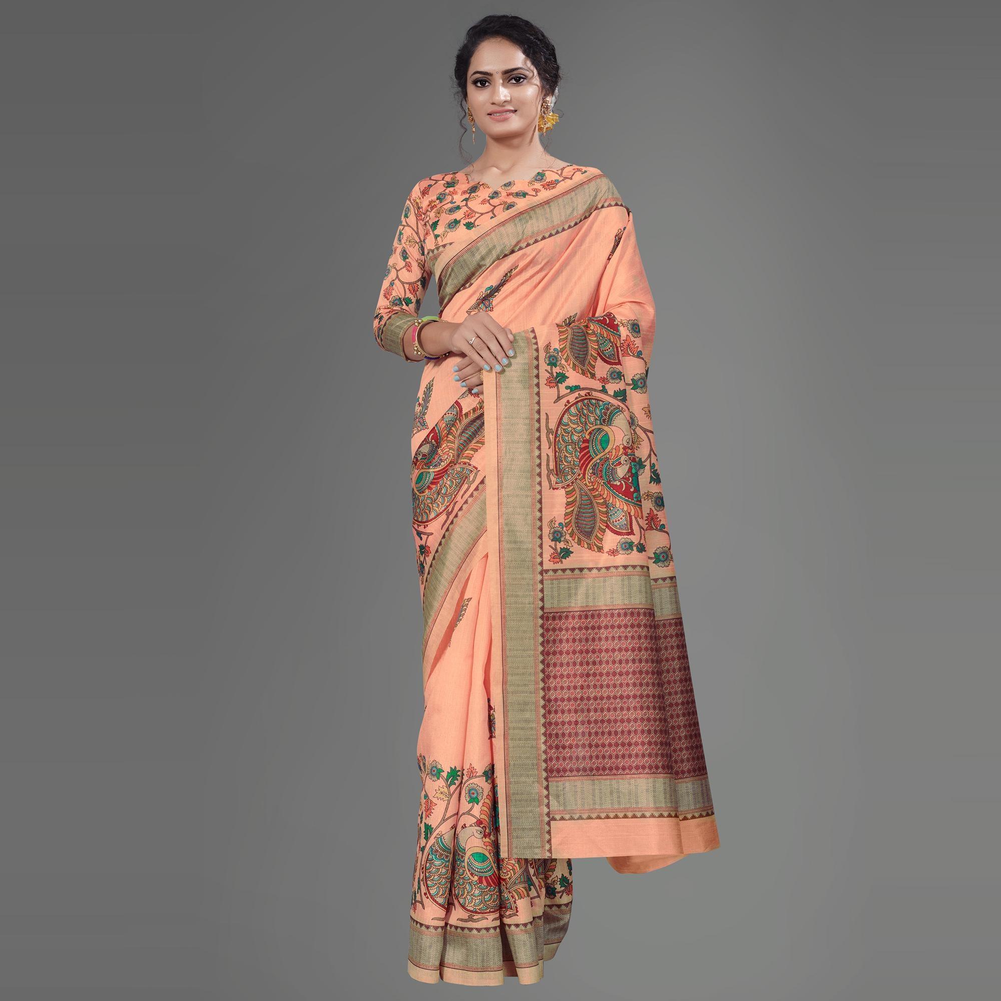 Peach Casual Art Silk Printed Saree With Unstitched Blouse - Peachmode