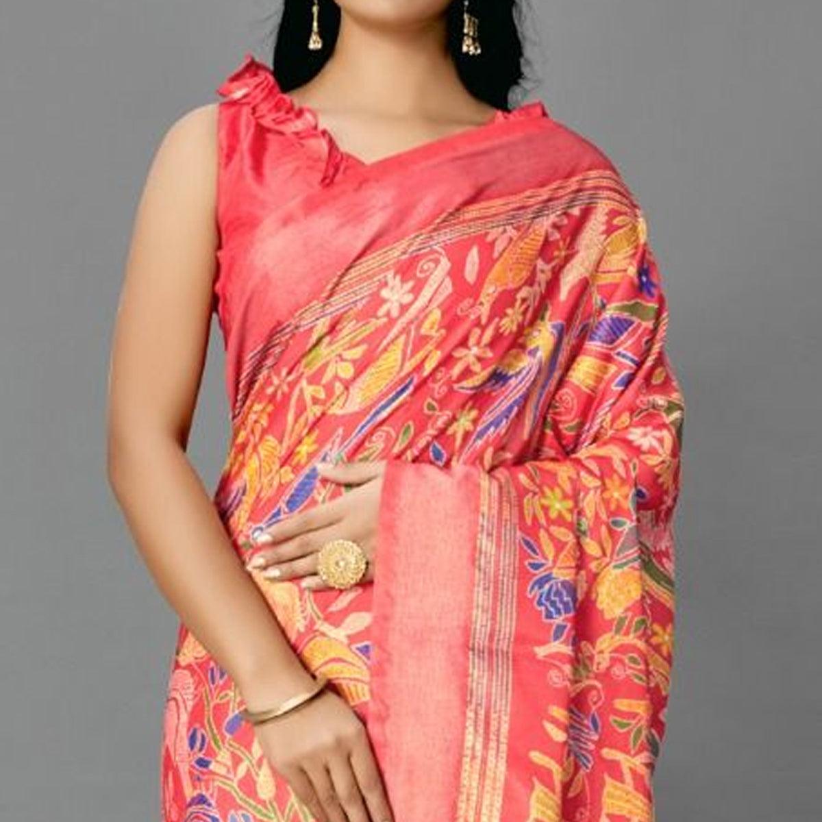 Peach Casual Art Silk Printed Saree With Unstitched Blouse - Peachmode