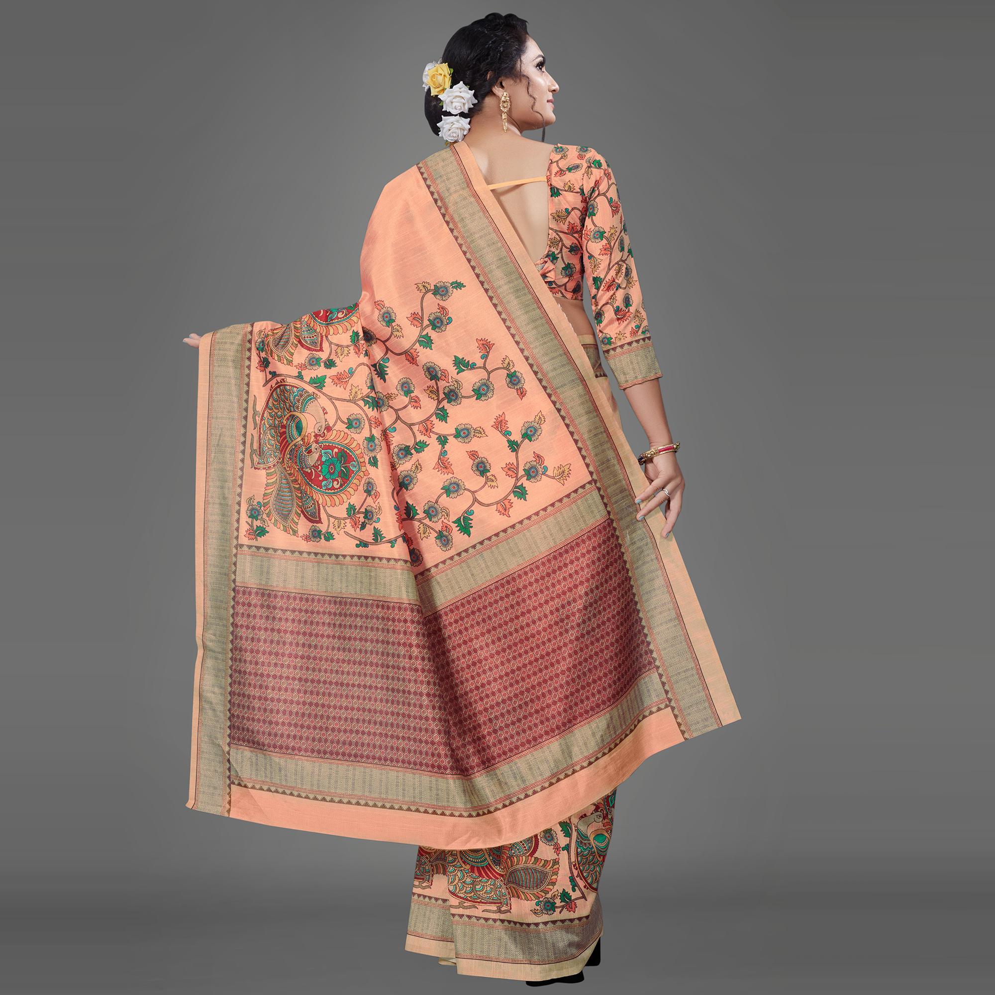 Peach Casual Art Silk Printed Saree With Unstitched Blouse - Peachmode