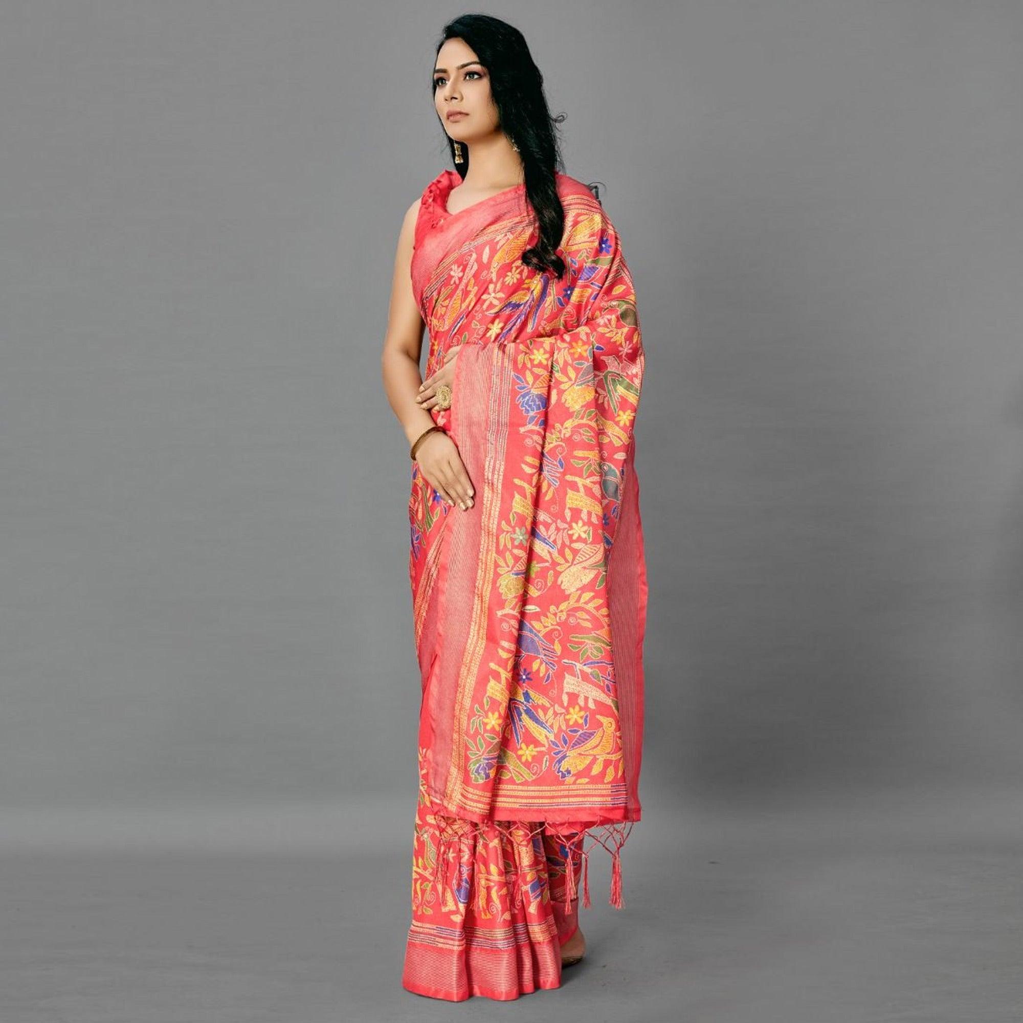 Peach Casual Art Silk Printed Saree With Unstitched Blouse - Peachmode