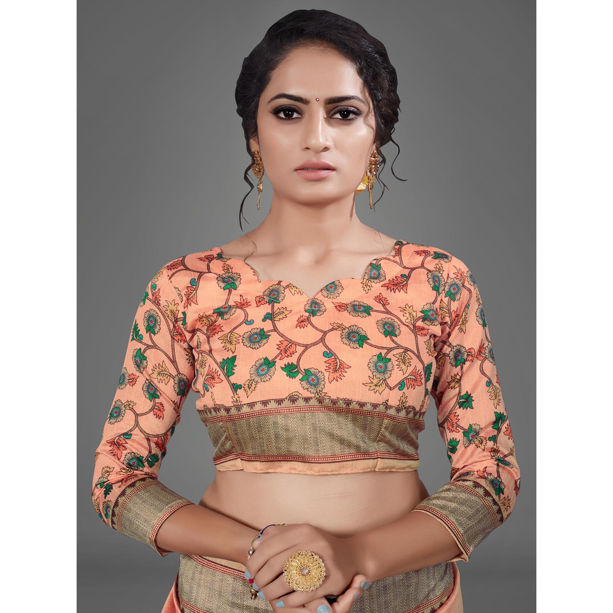 Peach Casual Art Silk Printed Saree With Unstitched Blouse - Peachmode