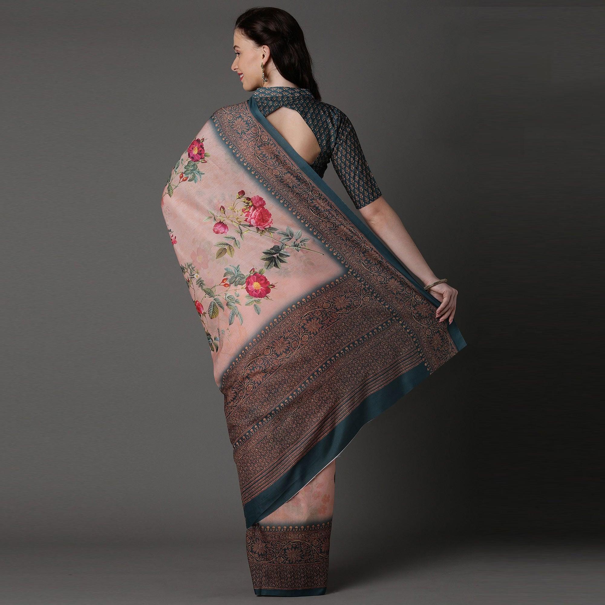 Peach Casual Cotton Silk Printed Saree With Unstitched Blouse - Peachmode