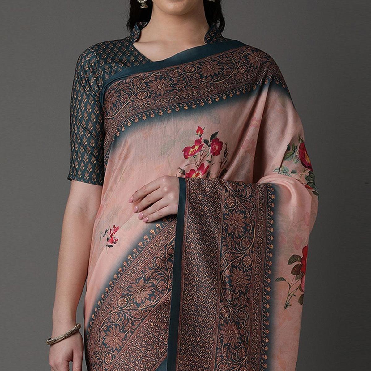 Peach Casual Cotton Silk Printed Saree With Unstitched Blouse - Peachmode
