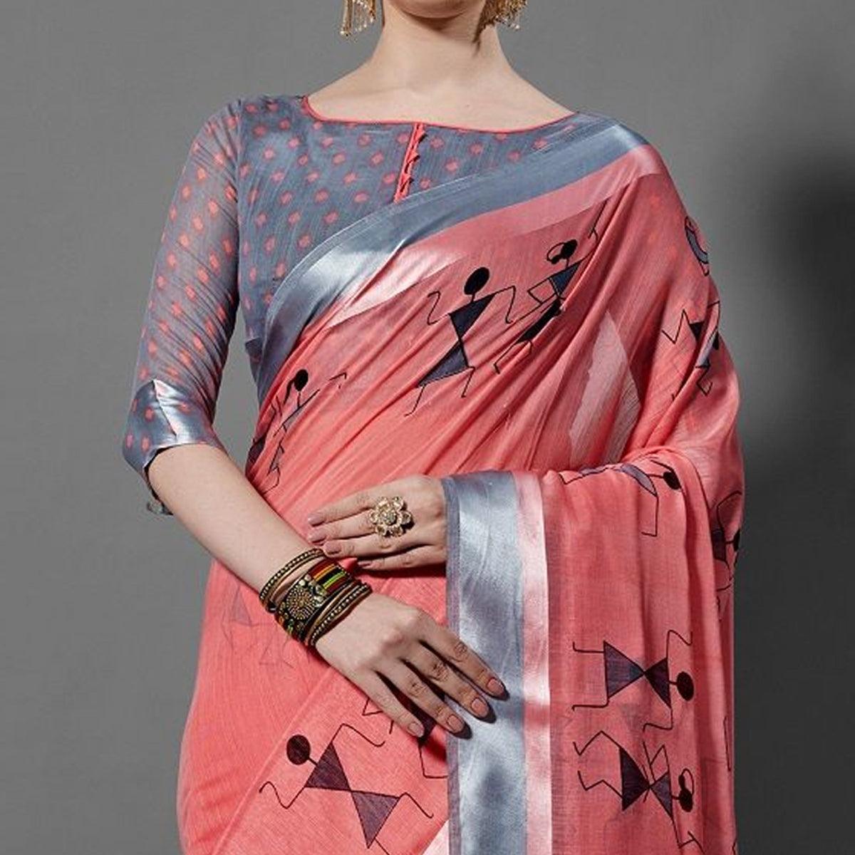 Peach Casual Linen Printed Saree With Unstitched Blouse - Peachmode