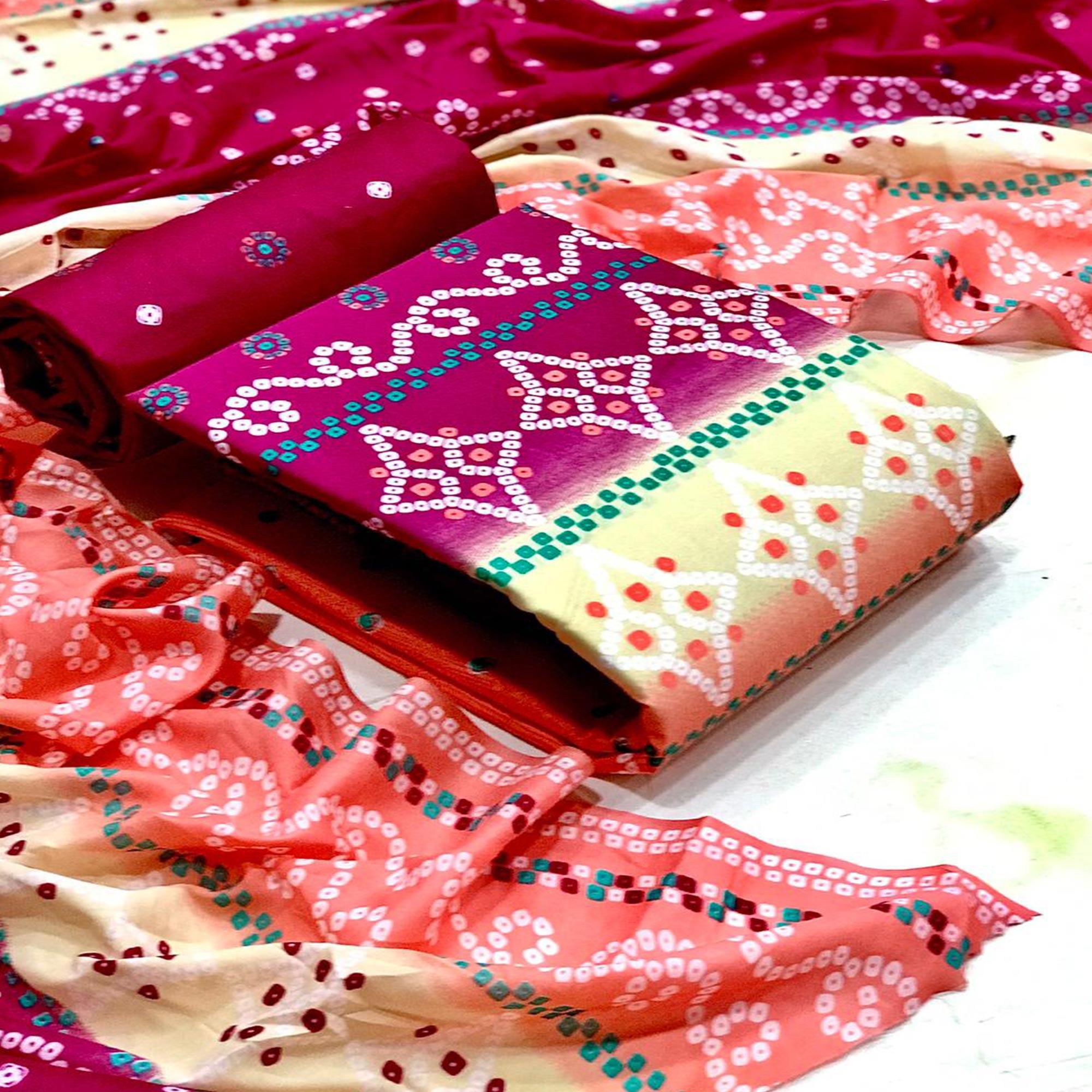 Peach Casual Wear Bandhani Printed Cotton Patiala Dress Material - Peachmode