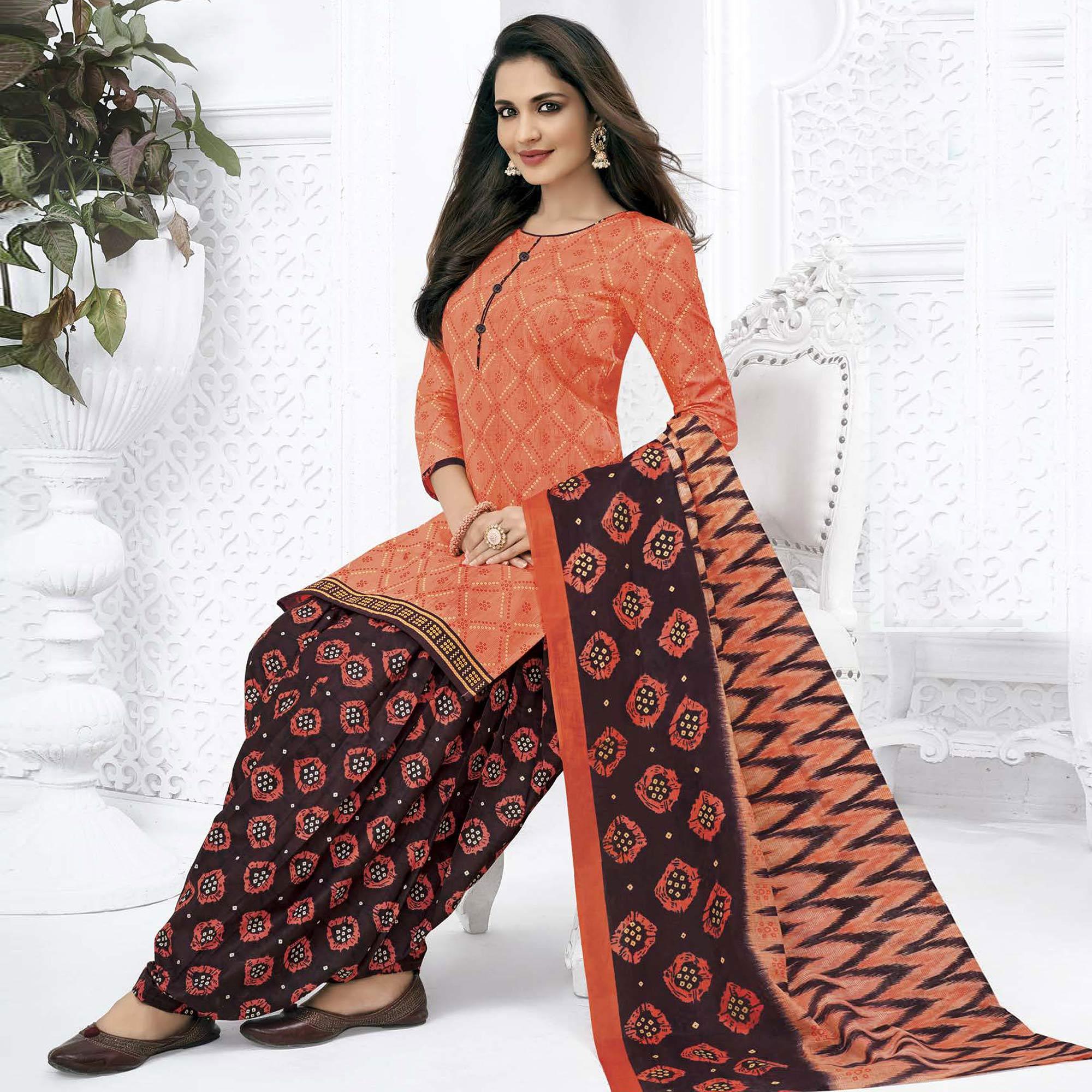 Peach Casual Wear Batik Printed Cotton Patiala Dress Material - Peachmode