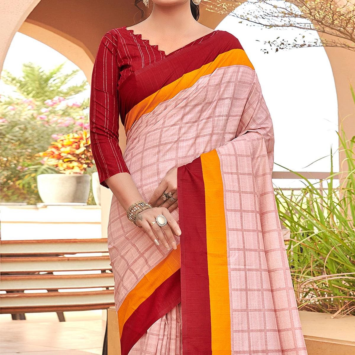 Peach Casual Wear Checks Printed Bhagalpuri Silk Saree - Peachmode