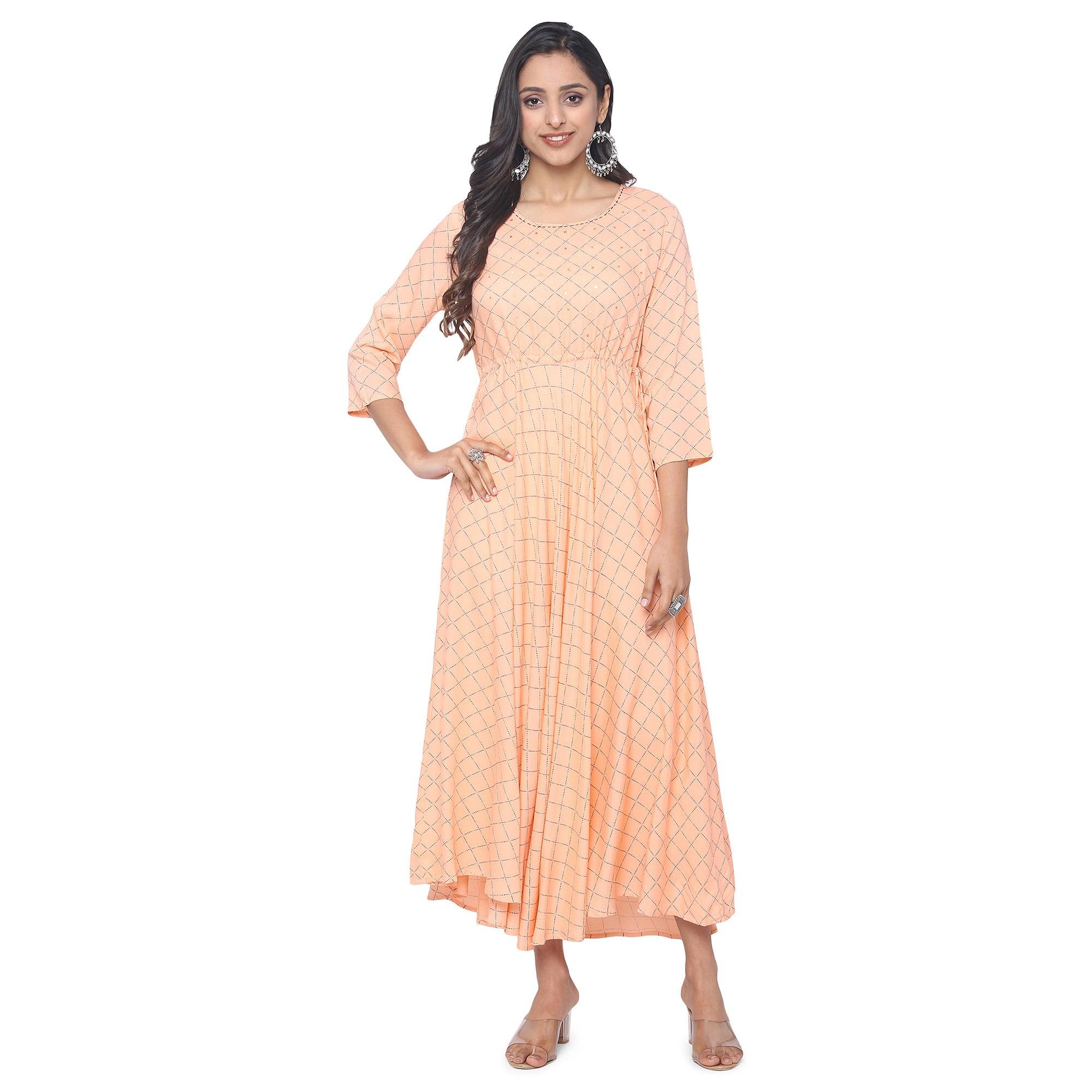 Peach Casual Wear Checks Printed Rayon Long Kurti - Peachmode