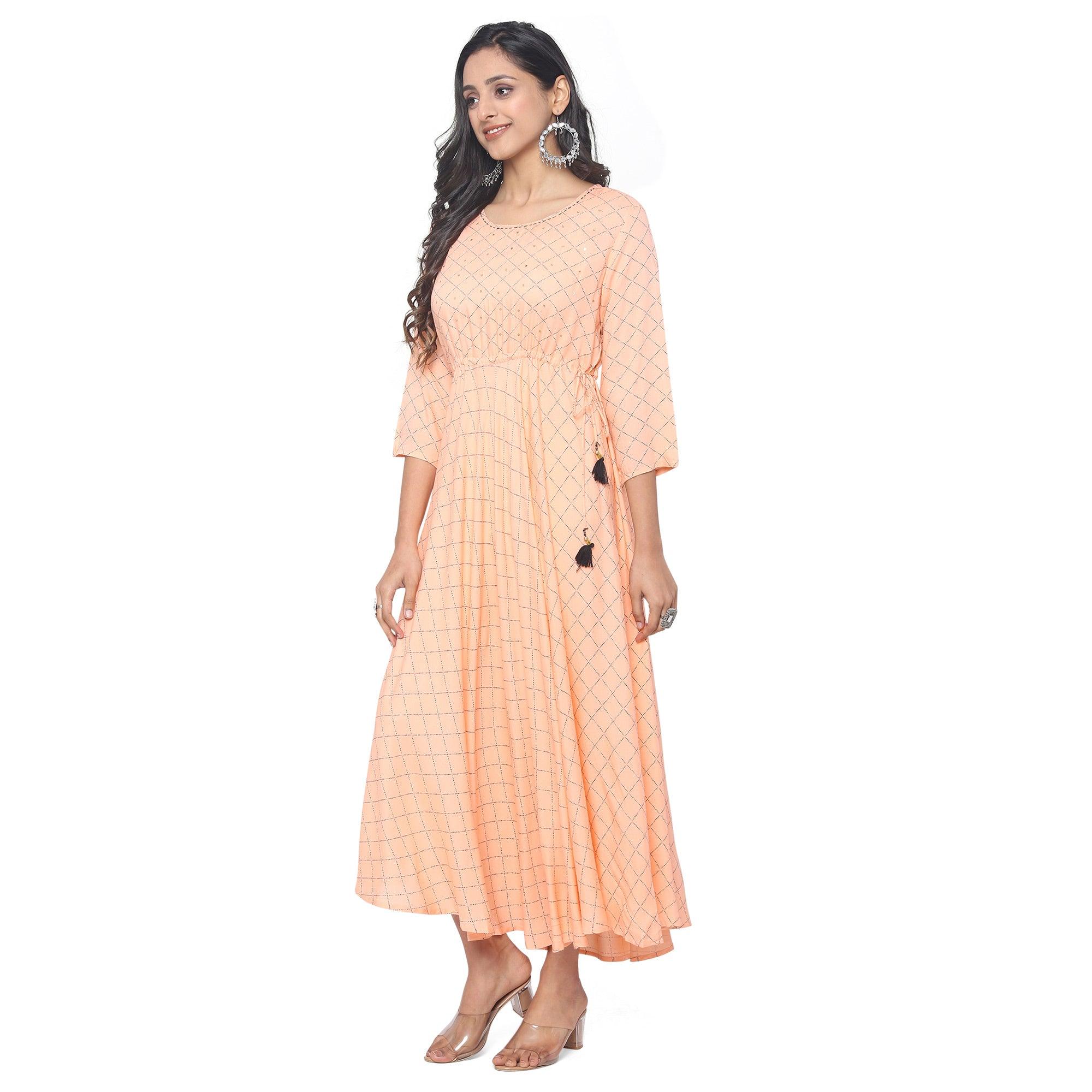 Peach Casual Wear Checks Printed Rayon Long Kurti - Peachmode