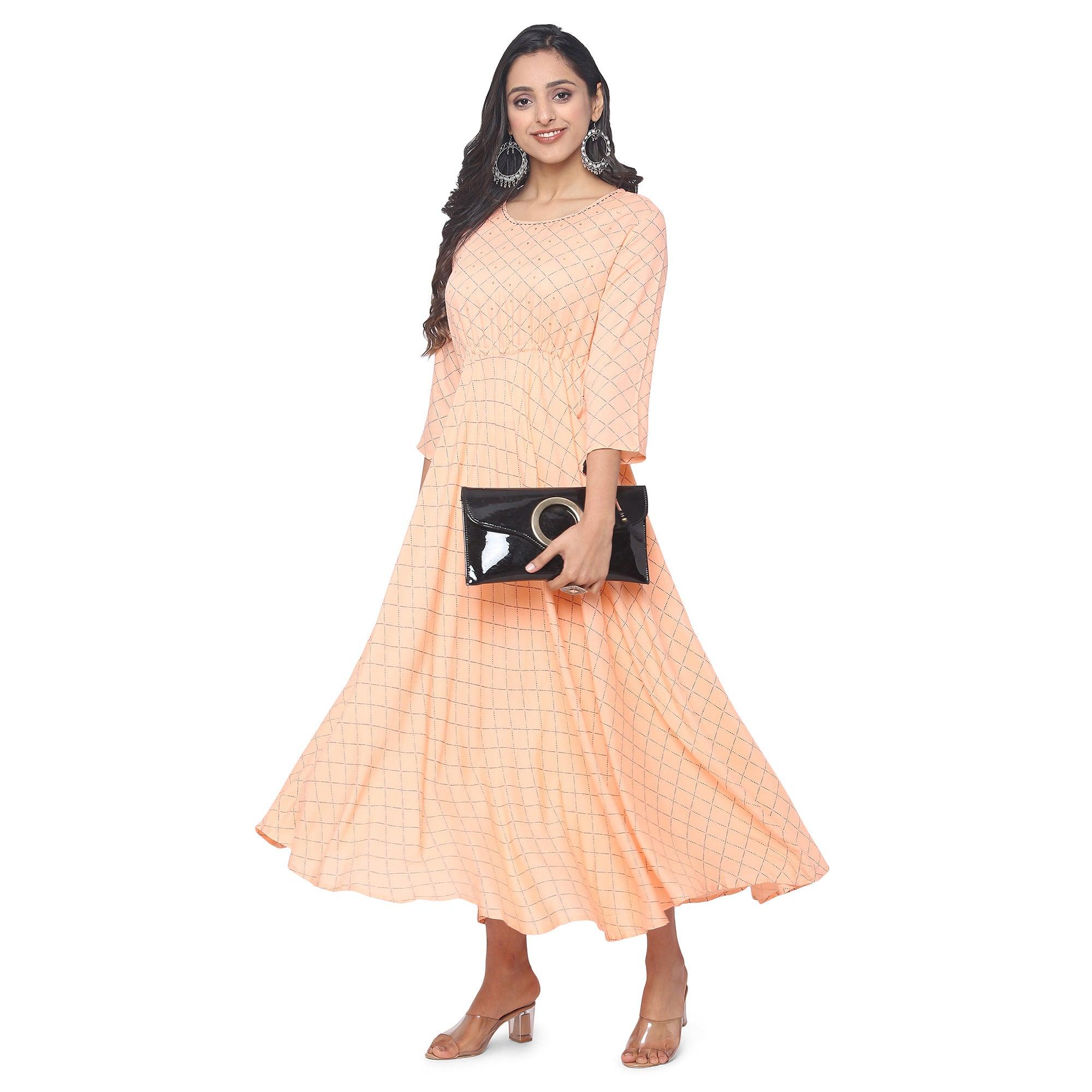 Peach Casual Wear Checks Printed Rayon Long Kurti - Peachmode