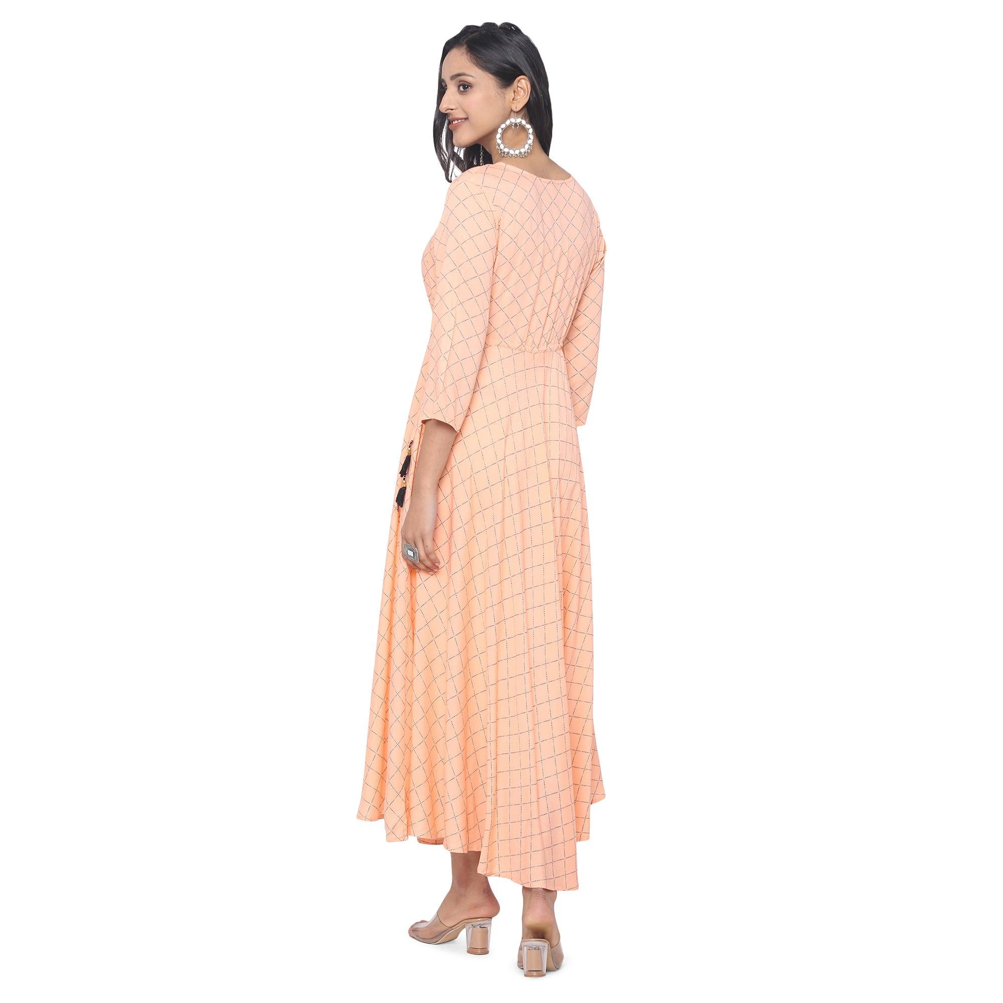 Peach Casual Wear Checks Printed Rayon Long Kurti - Peachmode