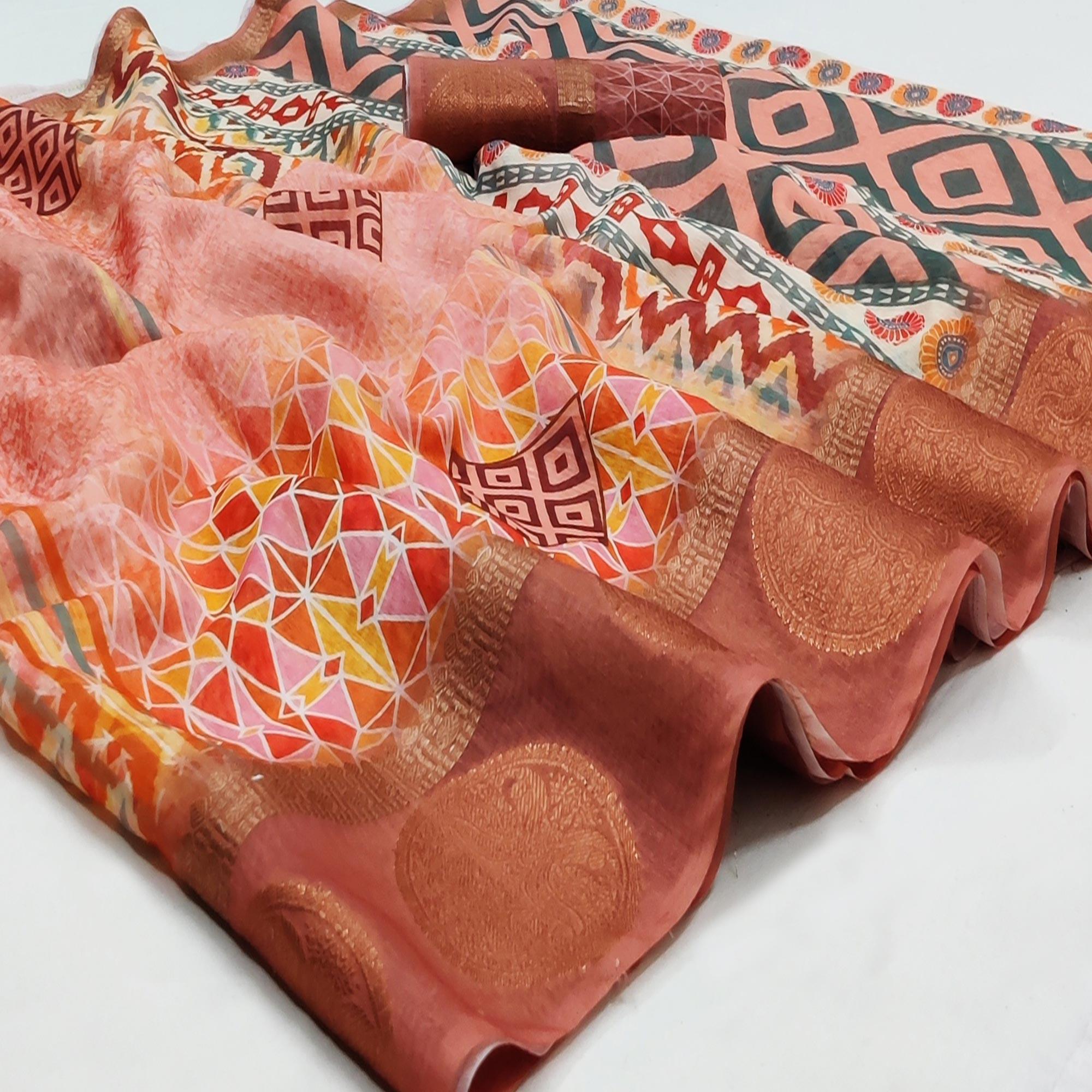 Peach Casual Wear Digital Printed Linen Saree Woven Border - Peachmode