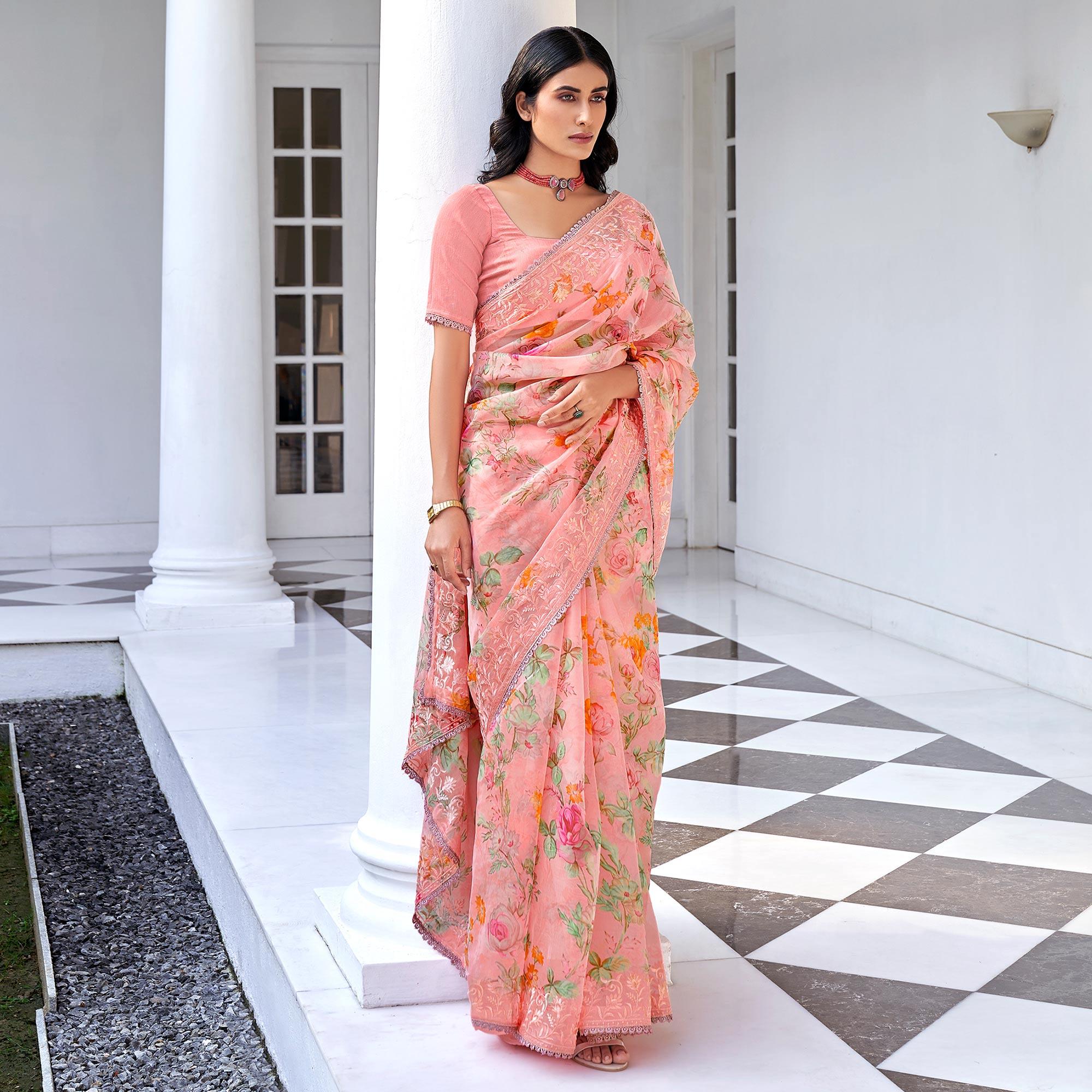 Peach Casual Wear Digital Printed Organza Saree - Peachmode