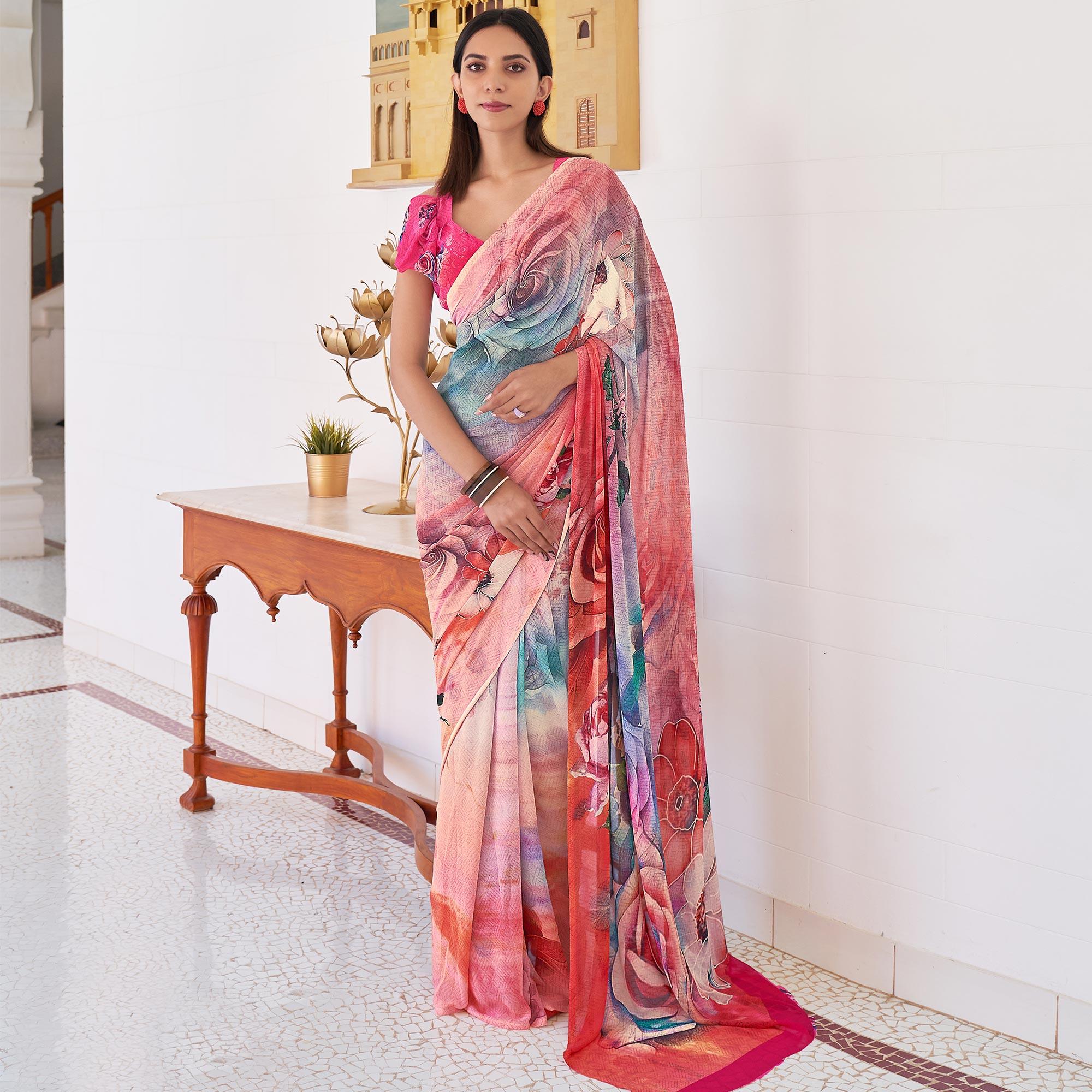 Peach Casual Wear Digital Printed Satin Georgette Saree - Peachmode
