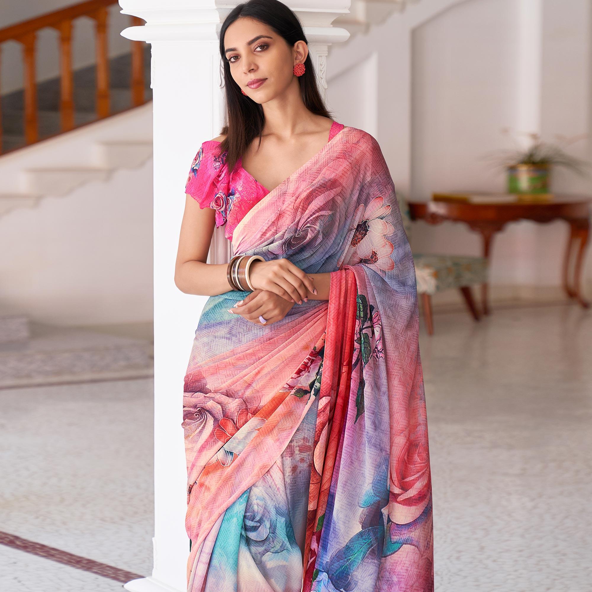 Peach Casual Wear Digital Printed Satin Georgette Saree - Peachmode