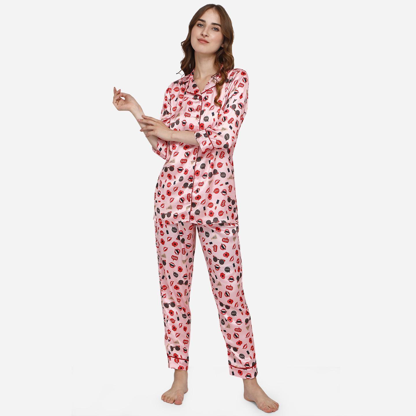 Peach Casual Wear Digital Printed Satin Night Suit - Peachmode