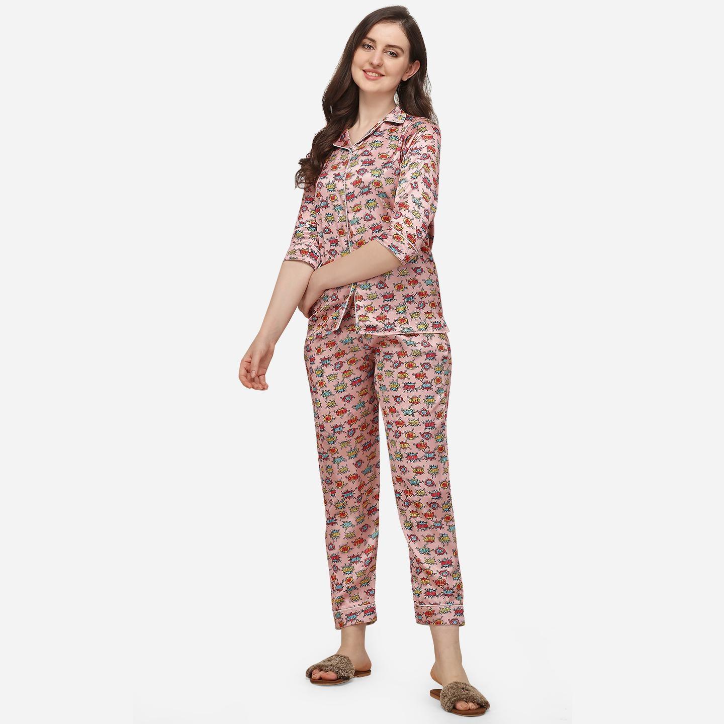 Peach Casual Wear Digital Printed Satin Night Suit - Peachmode