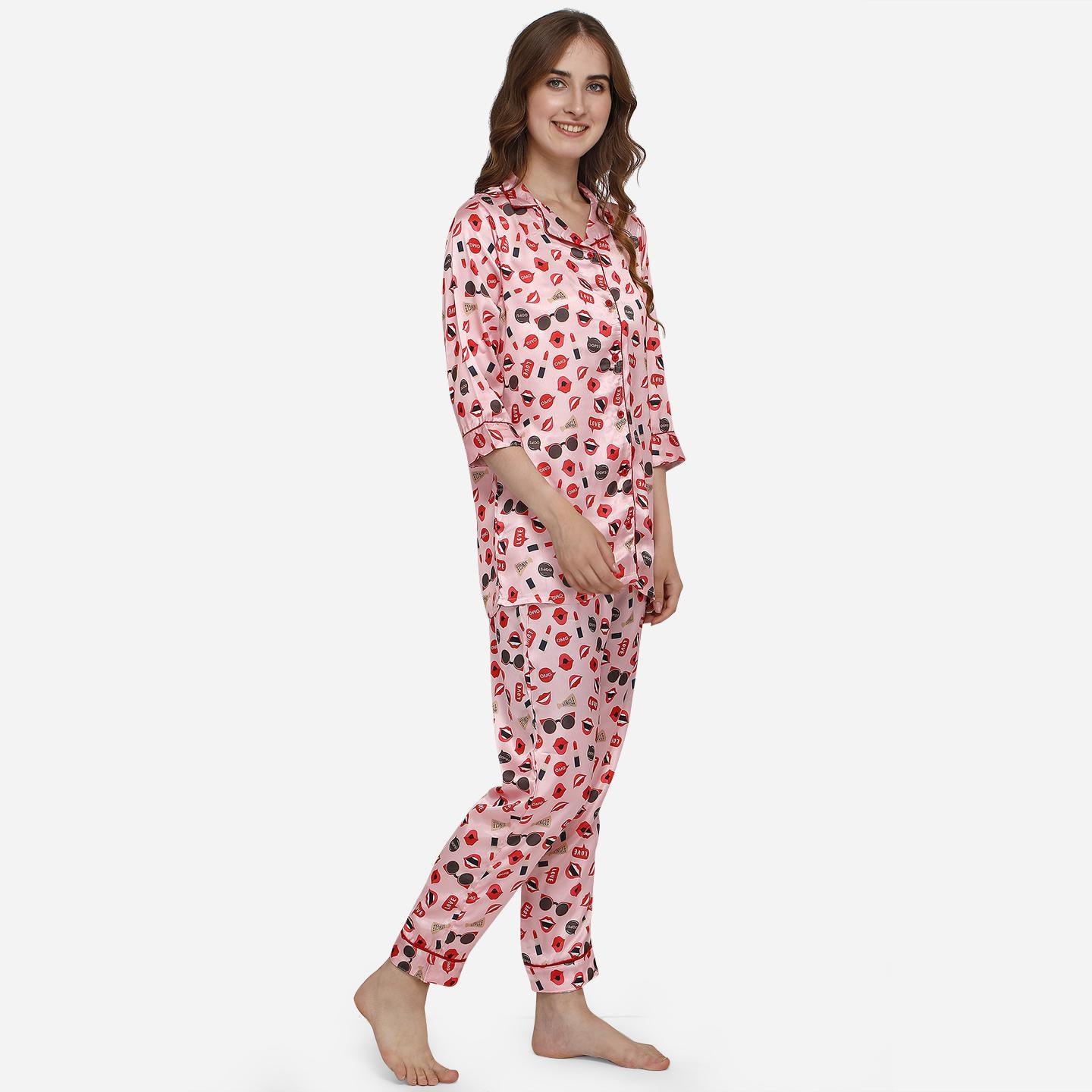 Peach Casual Wear Digital Printed Satin Night Suit - Peachmode