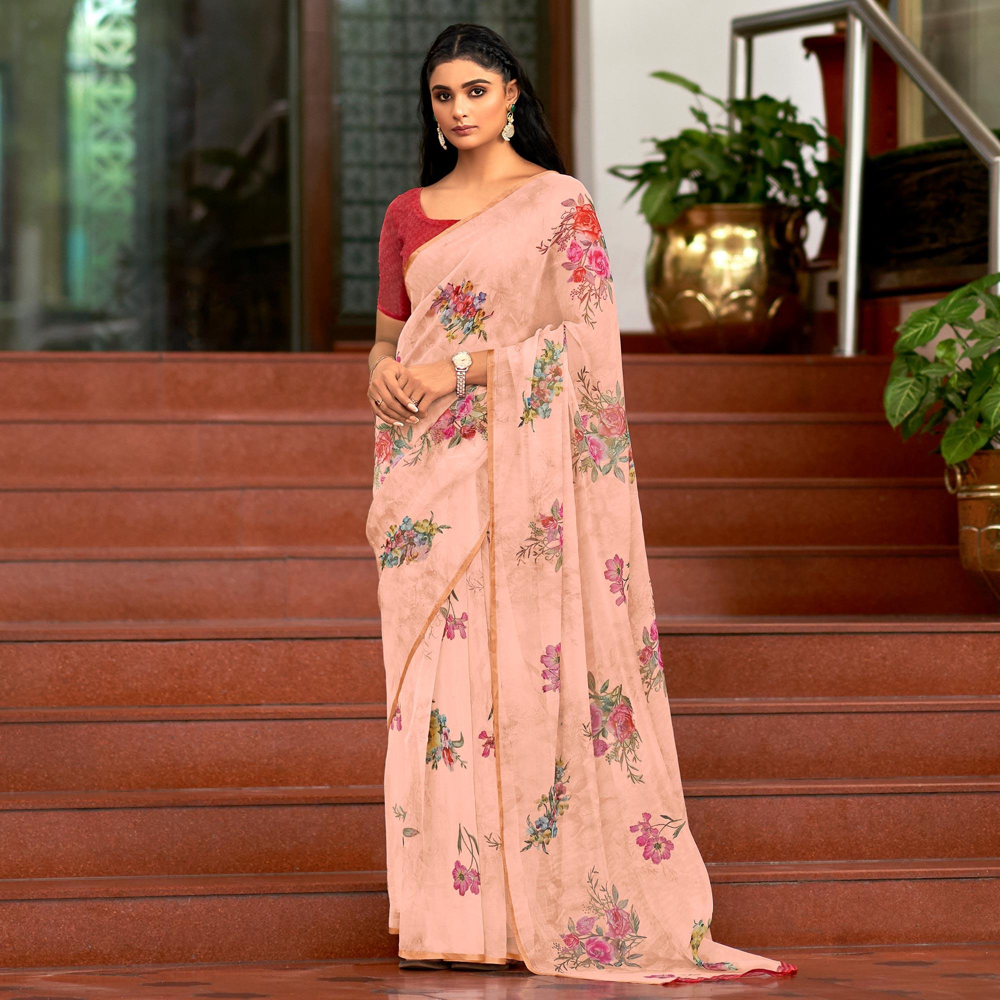 Peach Casual Wear Digital Printed Soft Organza Saree - Peachmode