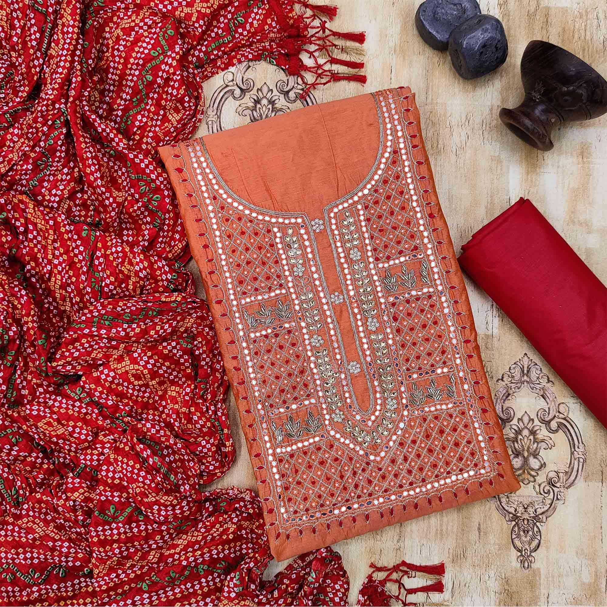 Peach Casual Wear Embroidered Chanderi Dress Material - Peachmode