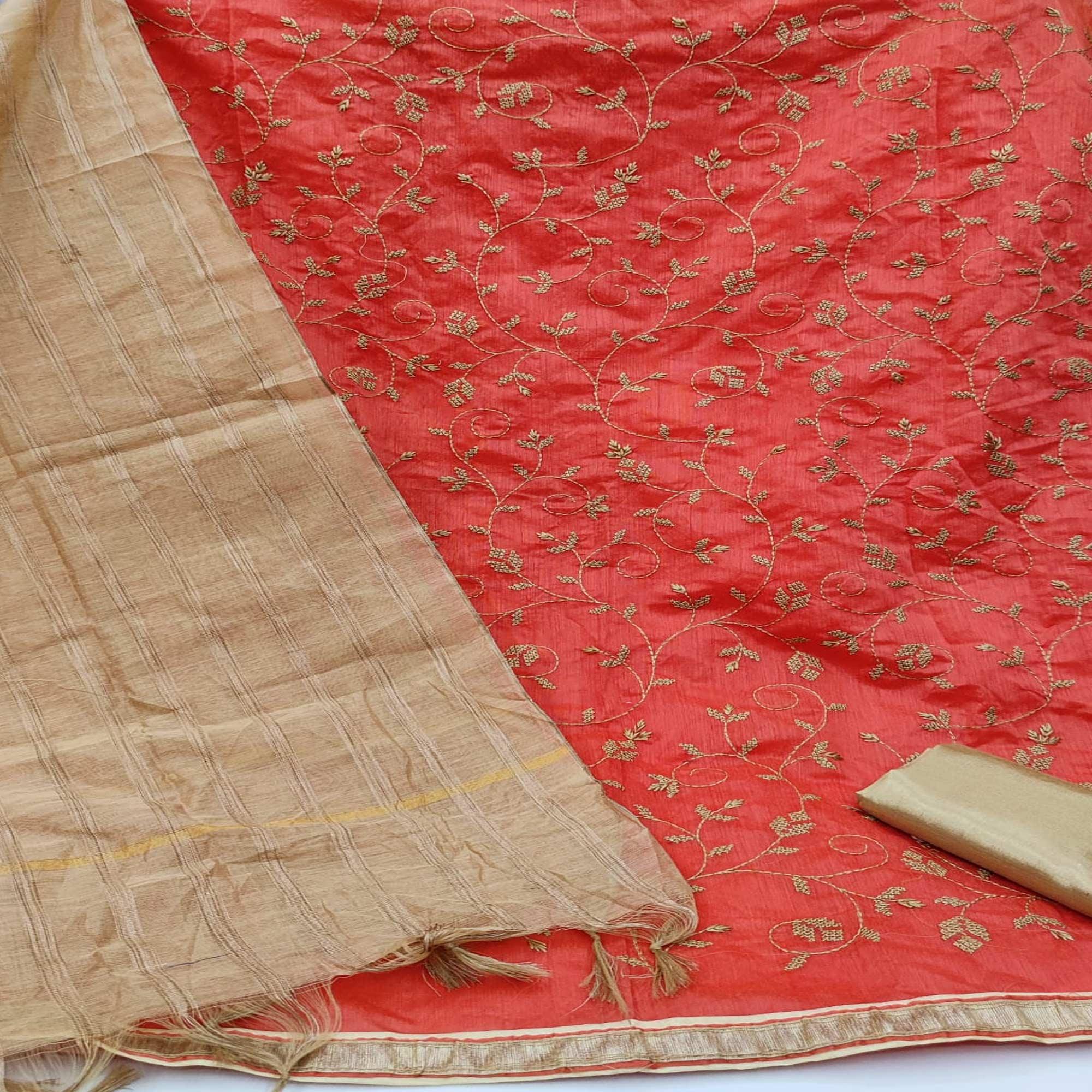Peach Casual Wear Embroidered Chanderi Dress Material - Peachmode