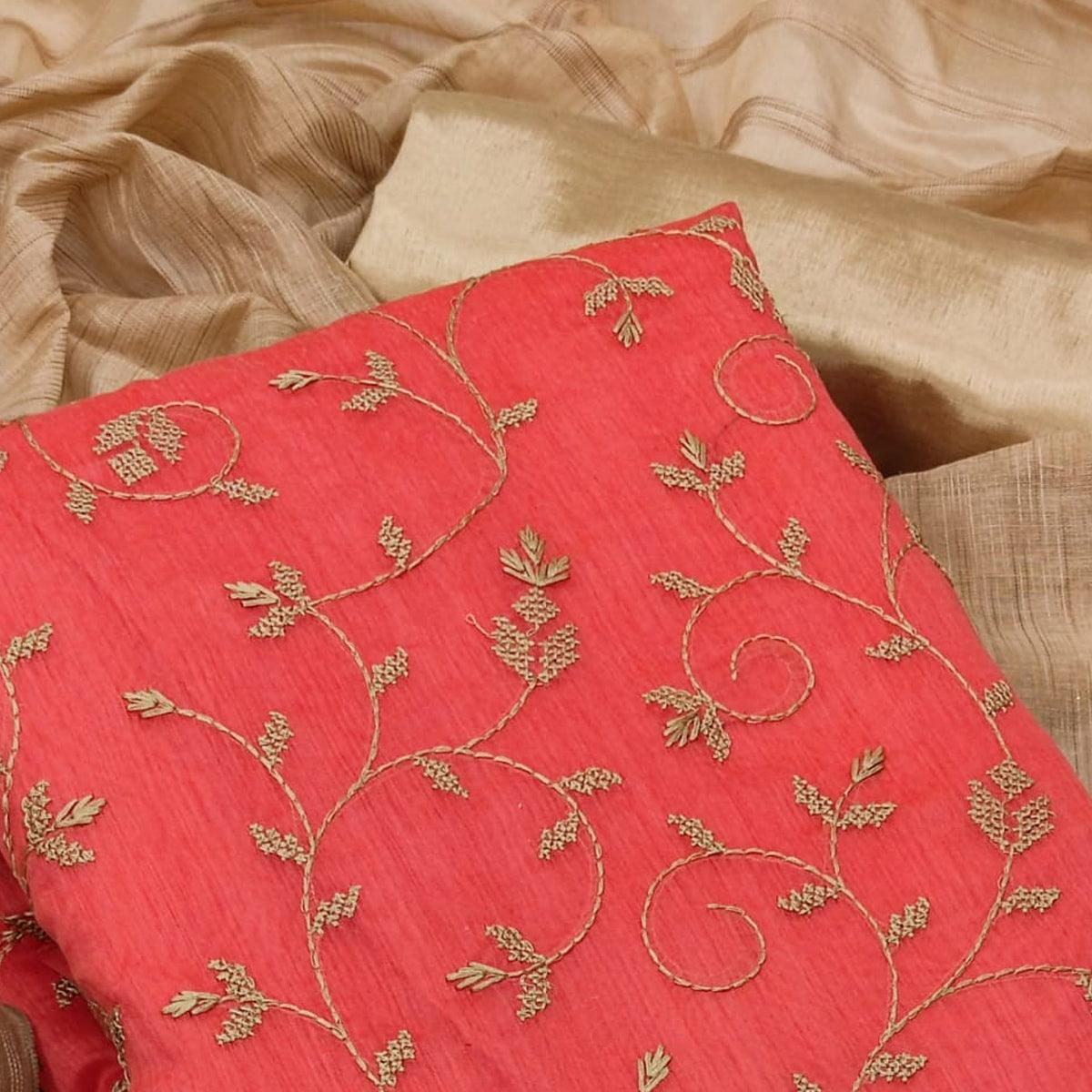 Peach Casual Wear Embroidered Chanderi Dress Material - Peachmode