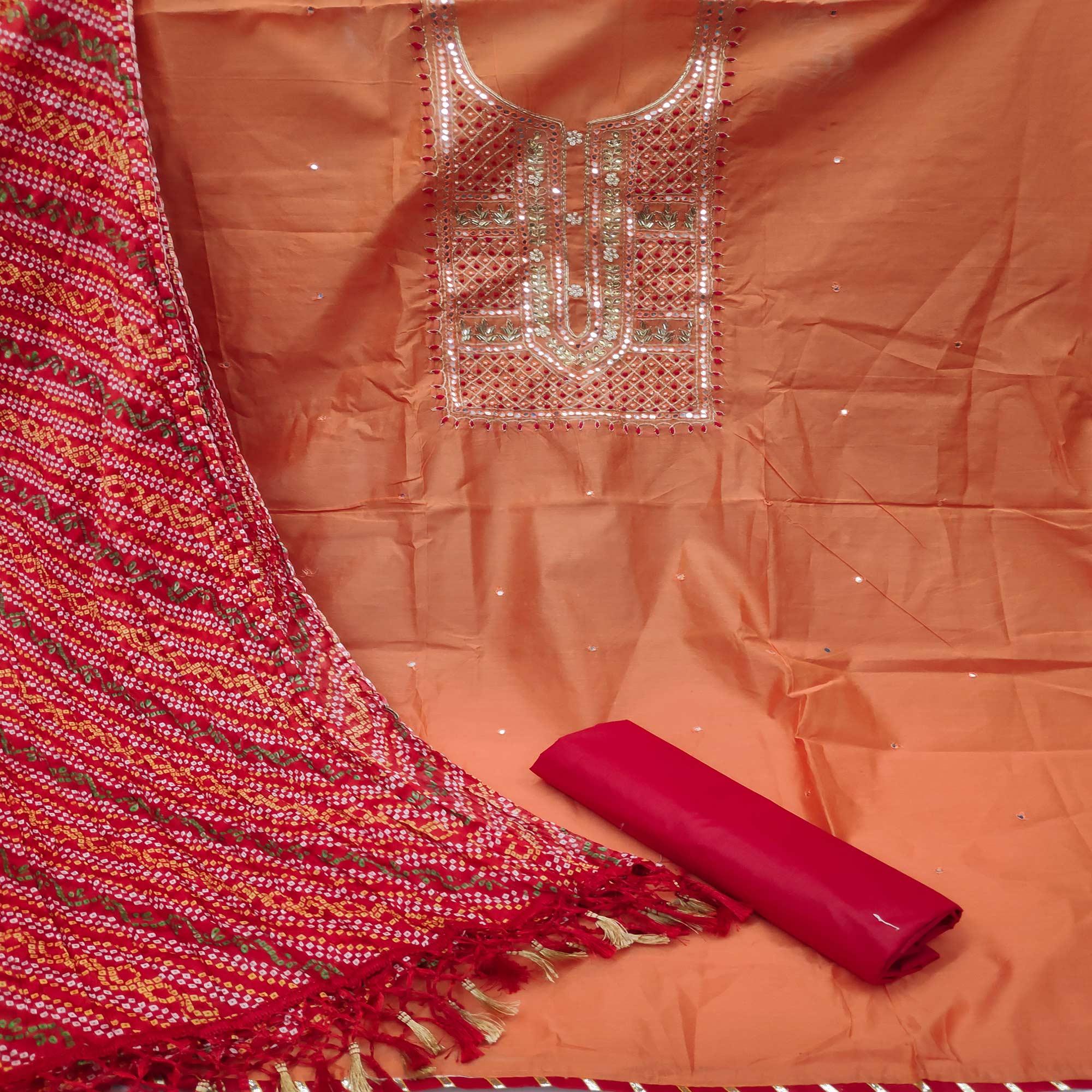 Peach Casual Wear Embroidered Chanderi Dress Material - Peachmode