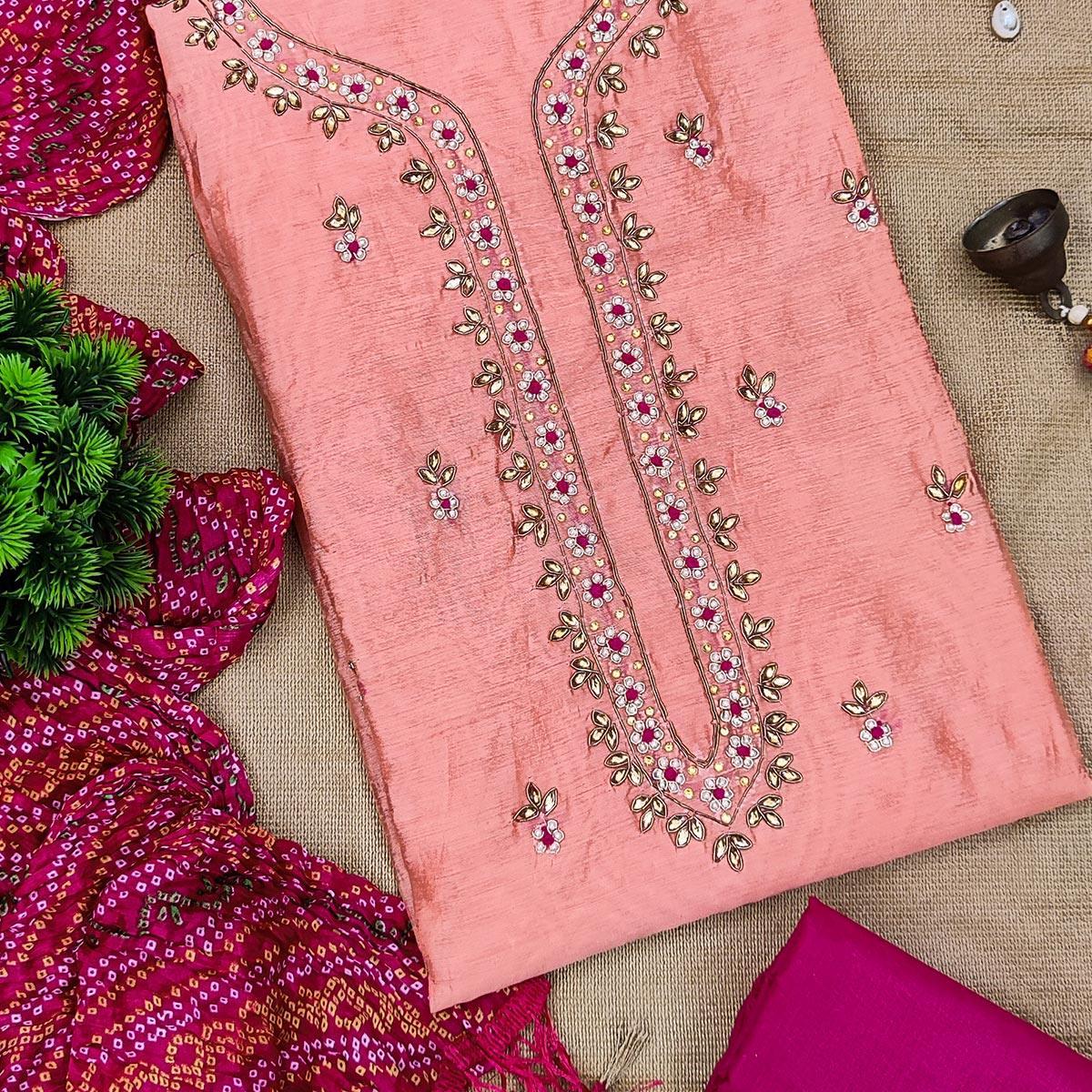 Peach Casual Wear Embroidered Chanderi Dress Material - Peachmode