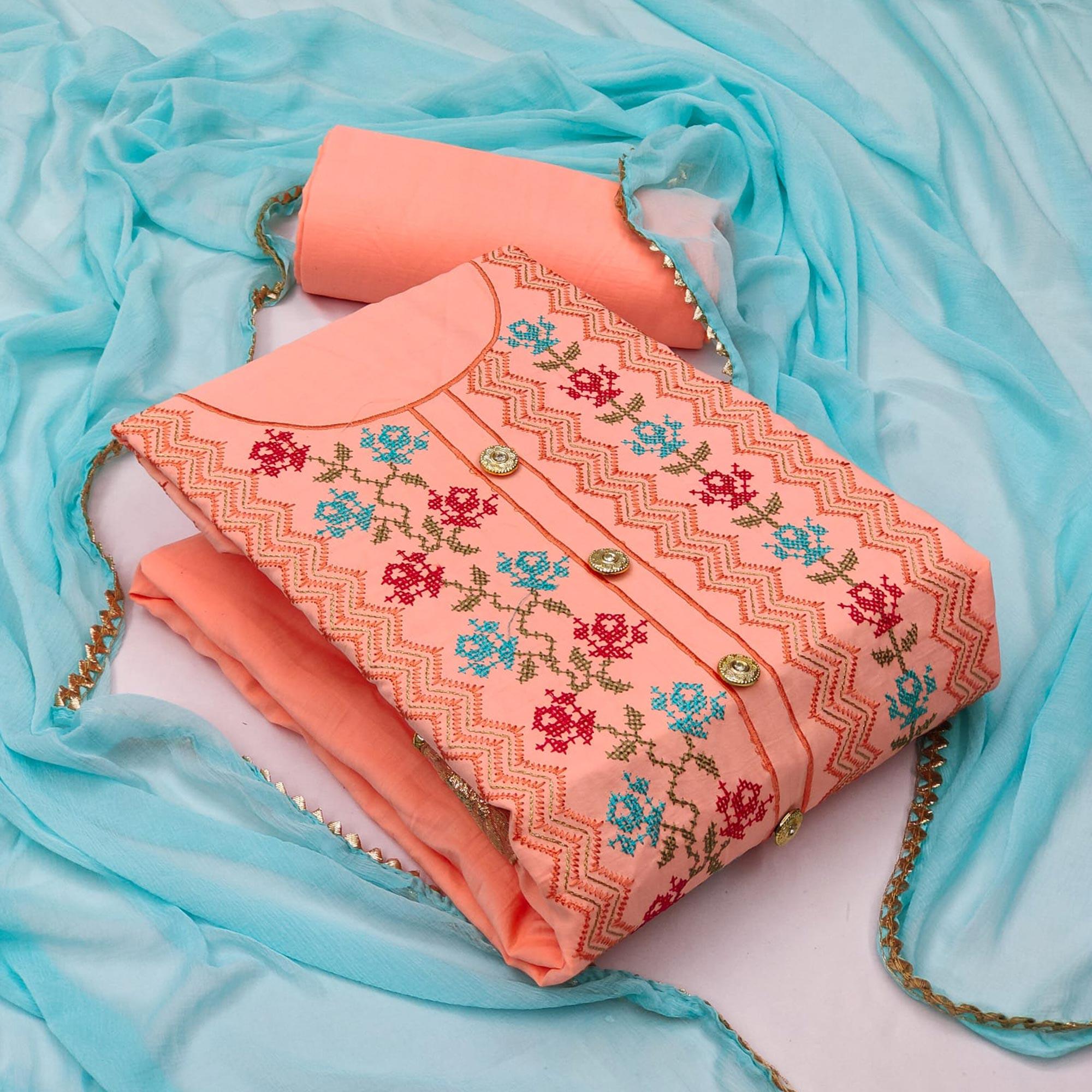 Peach Casual Wear Embroidered Cotton Dress Material - Peachmode