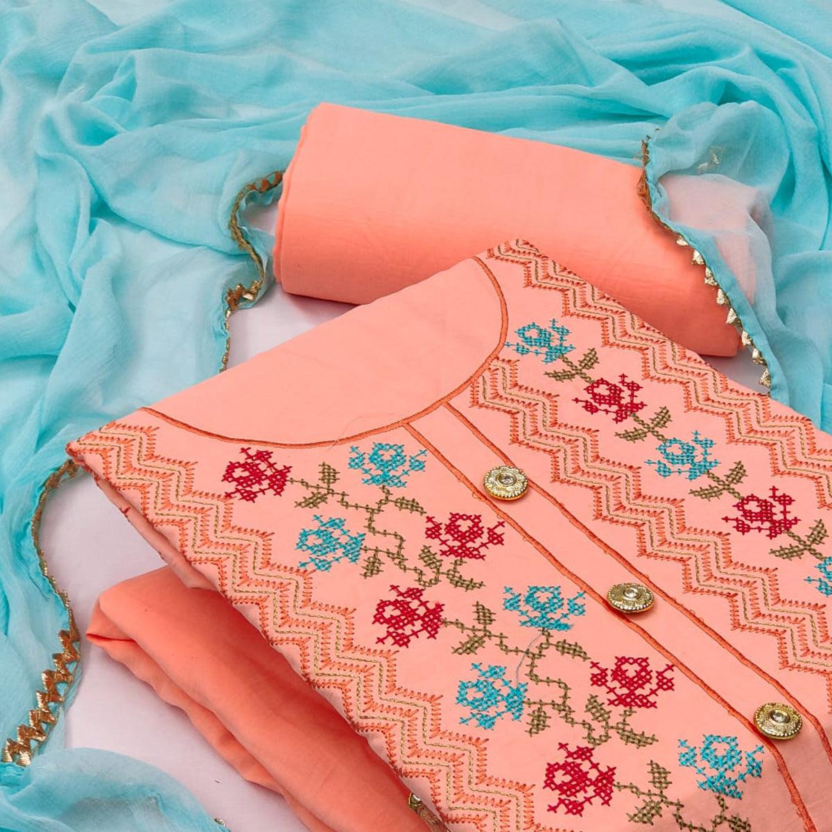 Peach Casual Wear Embroidered Cotton Dress Material - Peachmode