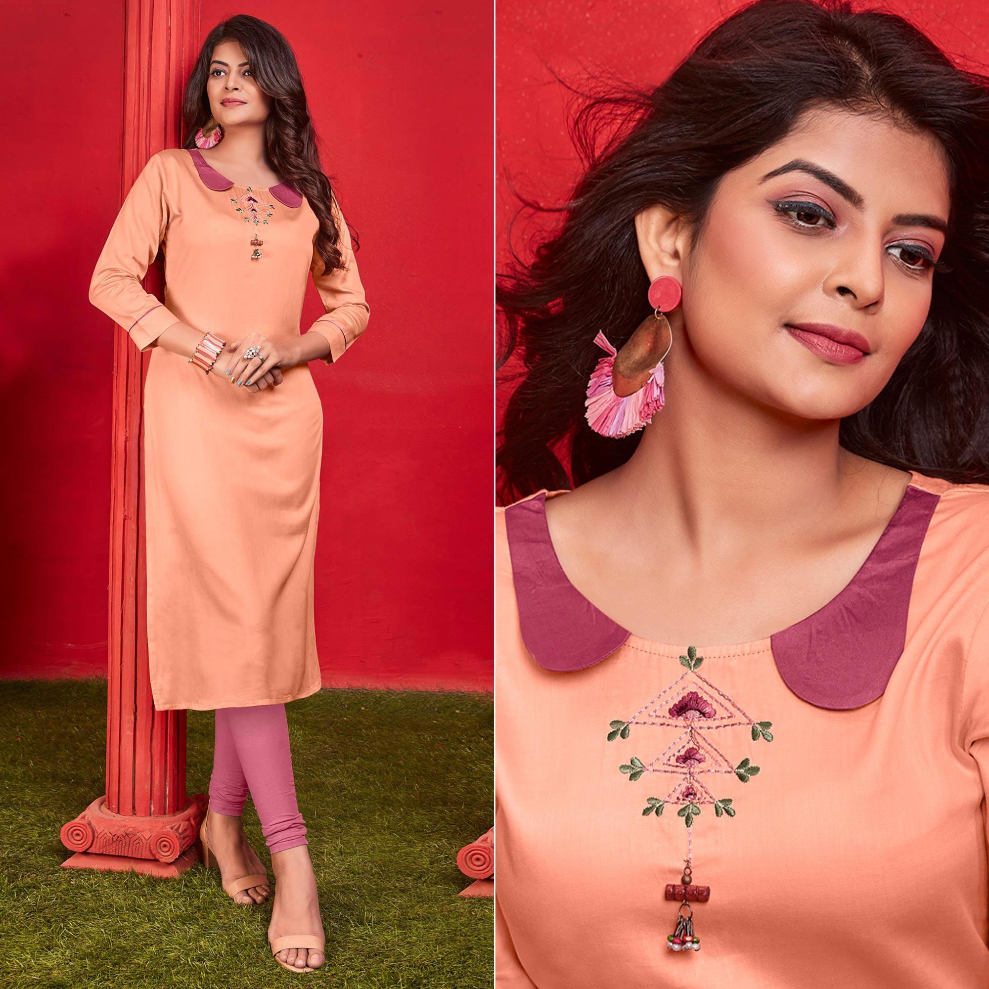 Peach Casual Wear Embroidered Cotton Kurti - Peachmode