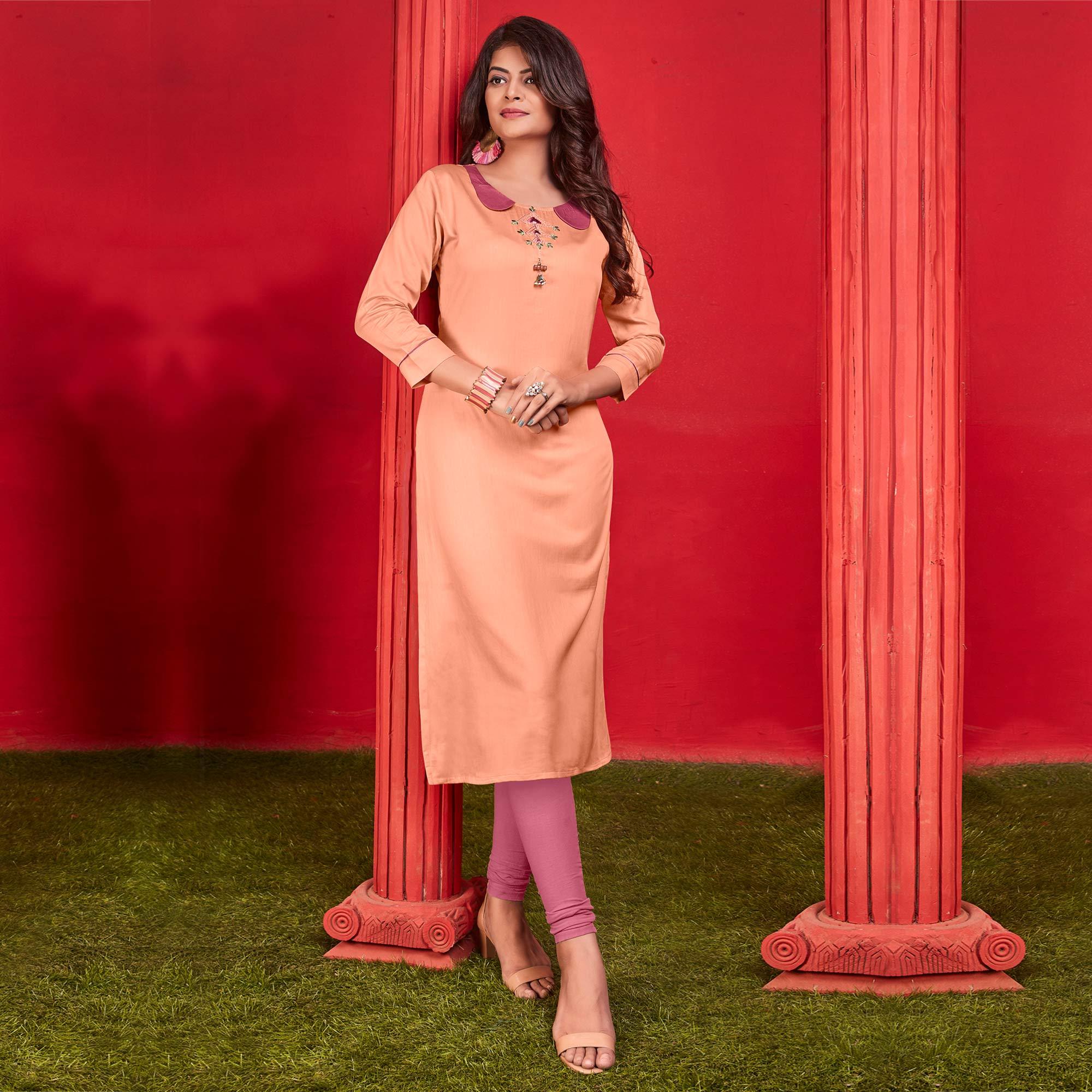 Peach Casual Wear Embroidered Cotton Kurti - Peachmode