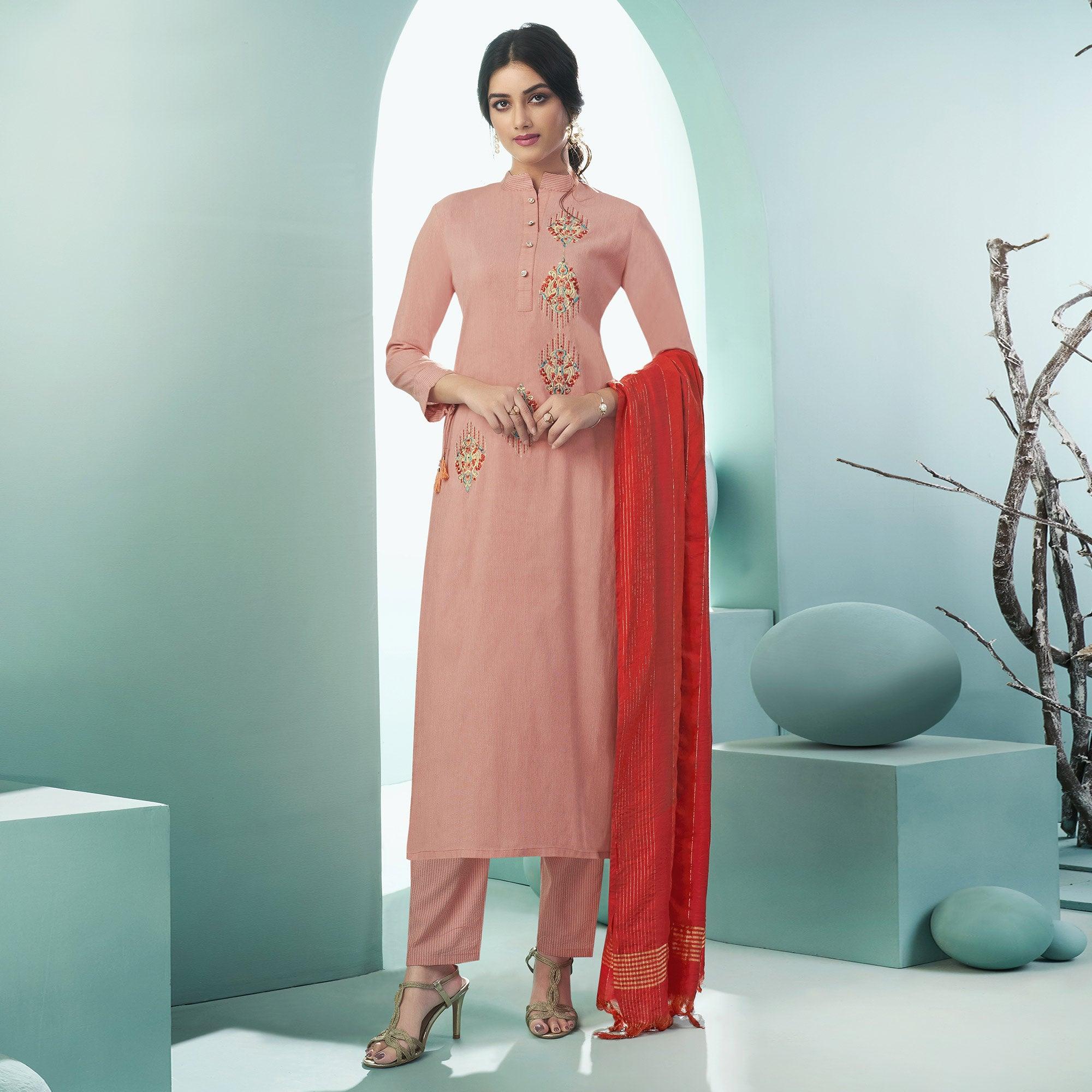 Peach Casual Wear Embroidered Cotton Suit - Peachmode