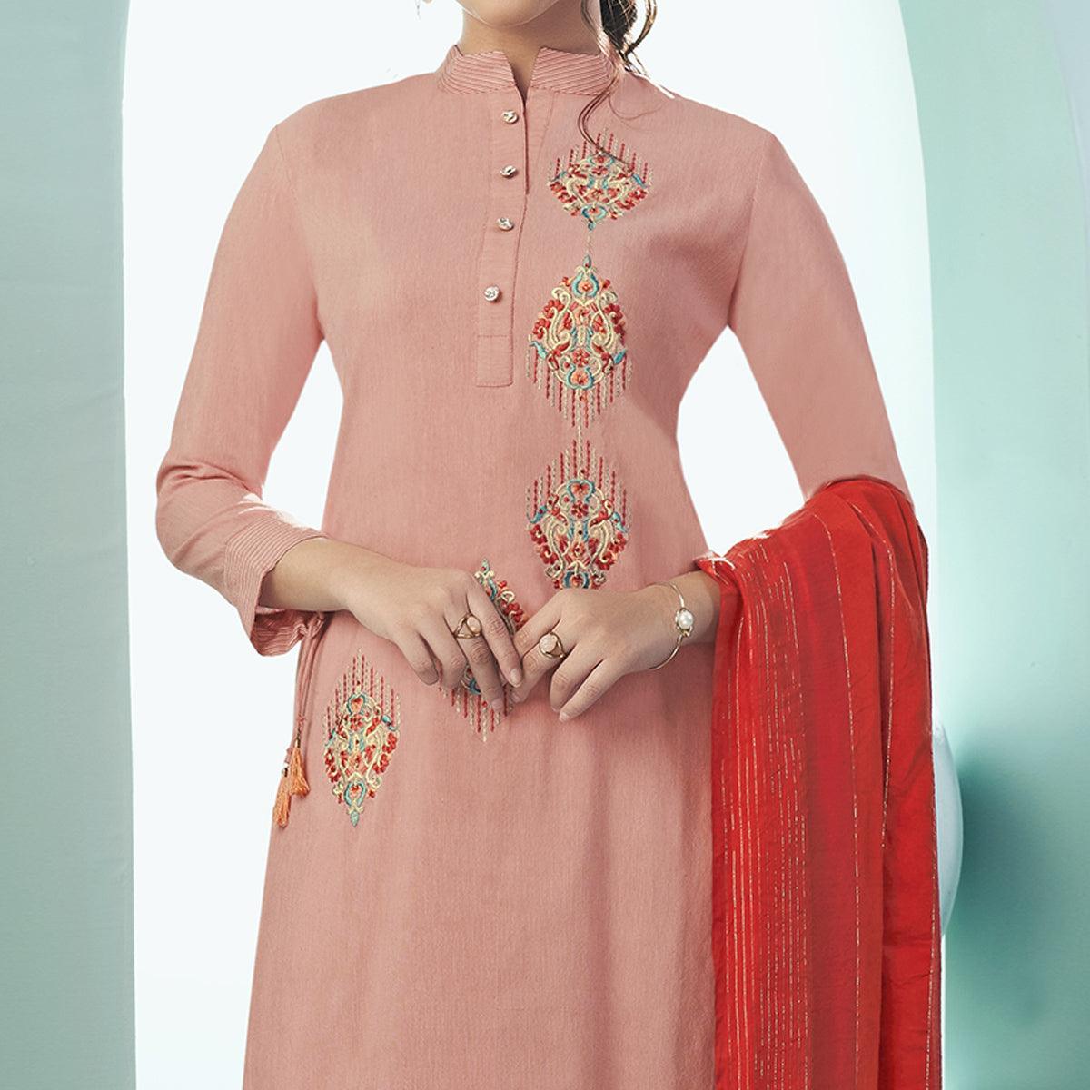 Peach Casual Wear Embroidered Cotton Suit - Peachmode