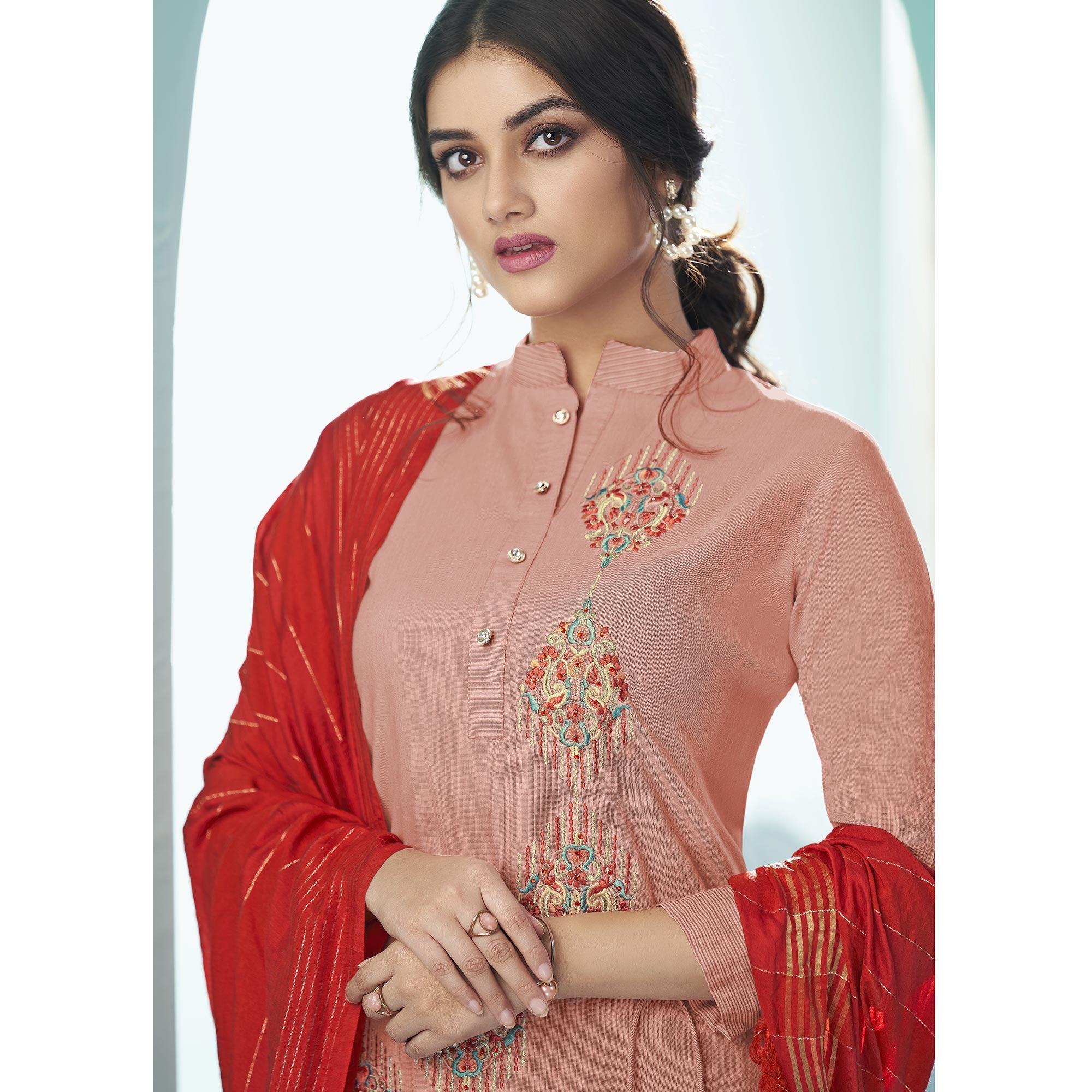 Peach Casual Wear Embroidered Cotton Suit - Peachmode