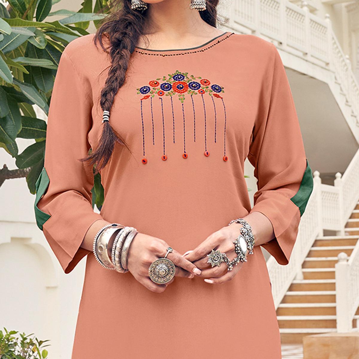 Peach Casual Wear Embroidered Heavy Rayon Kurti - Palazzo Set - Peachmode