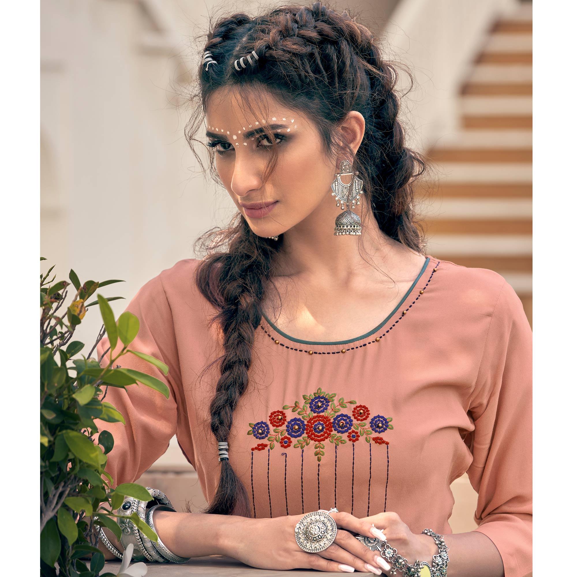 Peach Casual Wear Embroidered Heavy Rayon Kurti - Palazzo Set - Peachmode