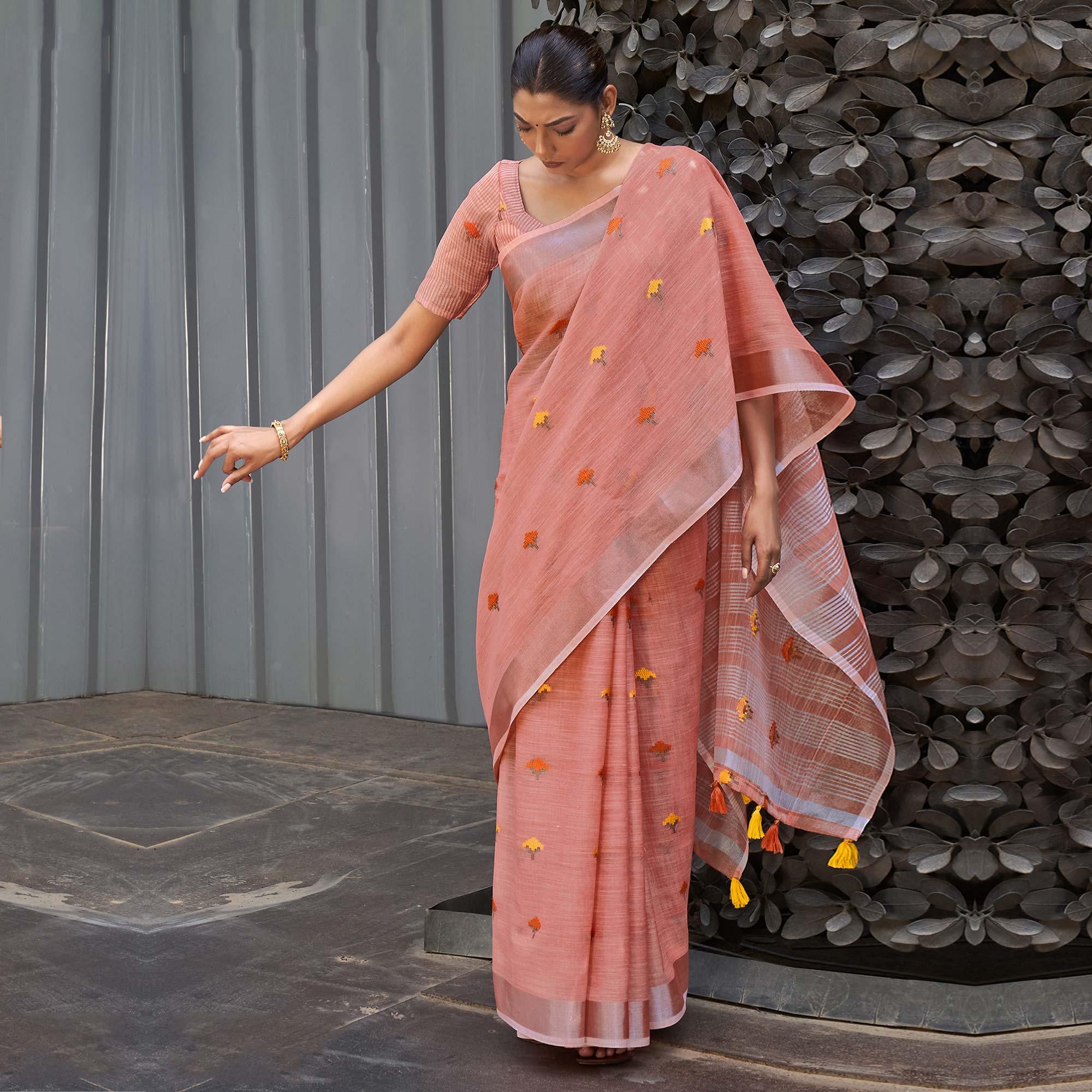 Peach Casual Wear Embroidered Linen Saree - Peachmode