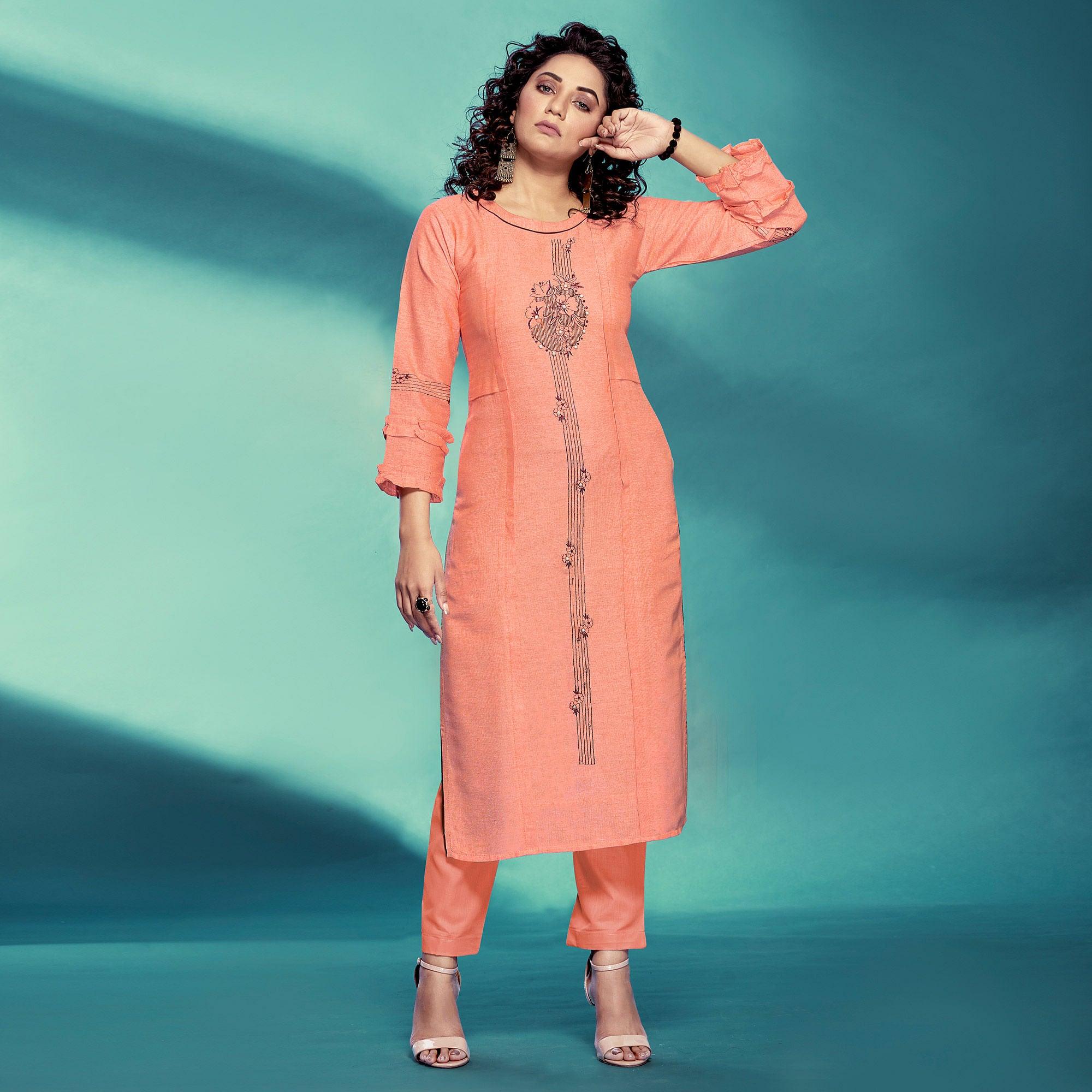 Peach Casual Wear Embroidered Pure Cotton Kurti - Peachmode