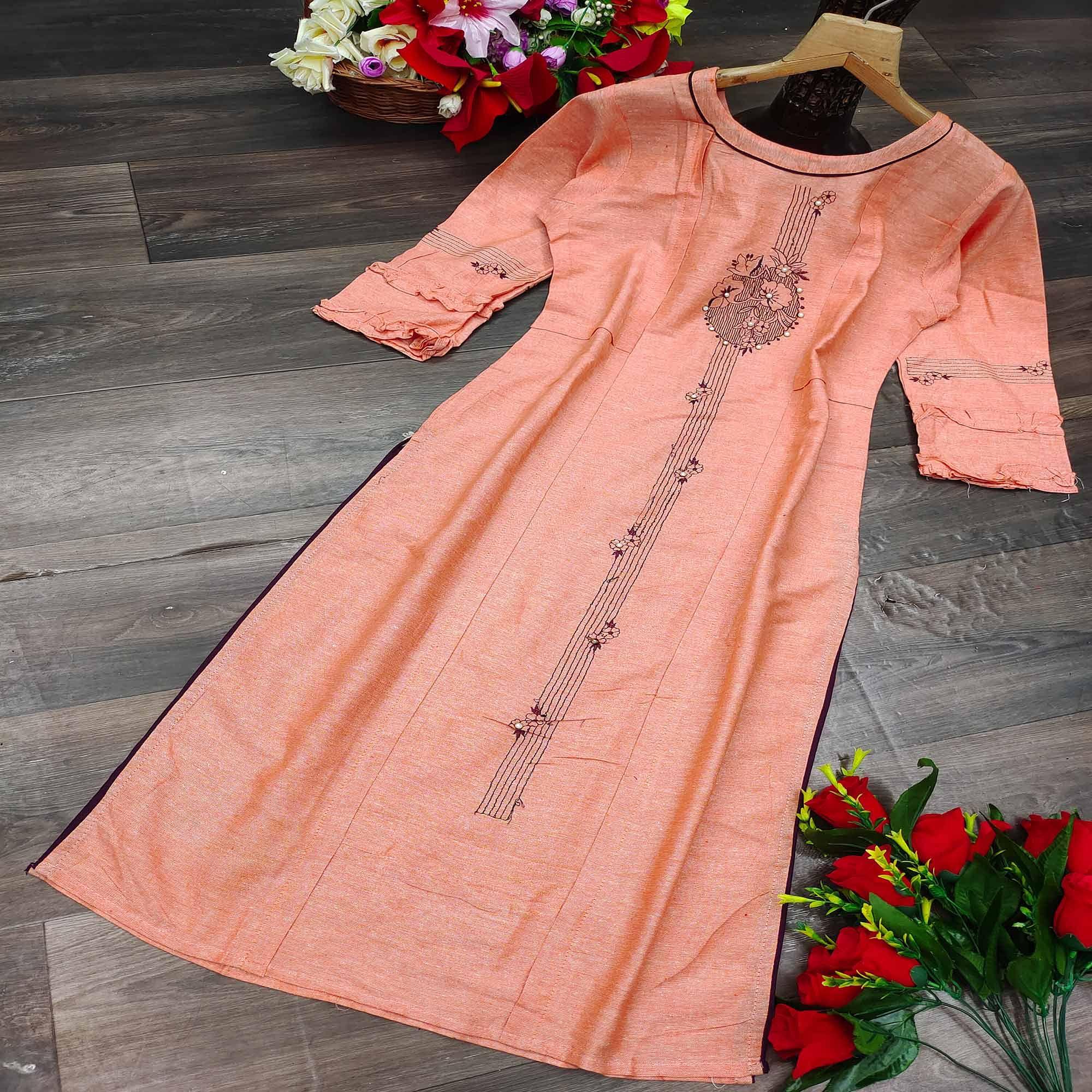 Peach Casual Wear Embroidered Pure Cotton Kurti - Peachmode