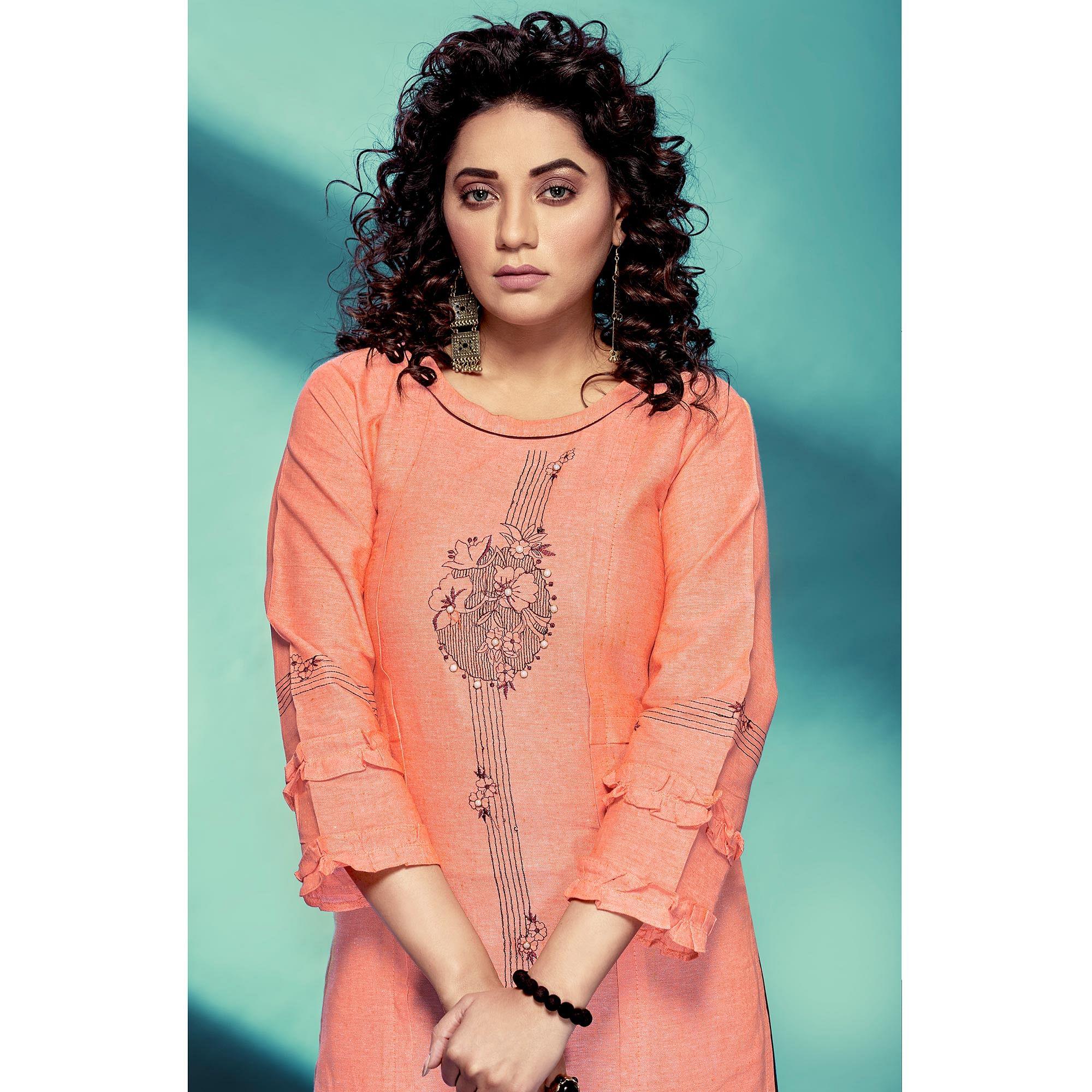 Peach Casual Wear Embroidered Pure Cotton Kurti - Peachmode