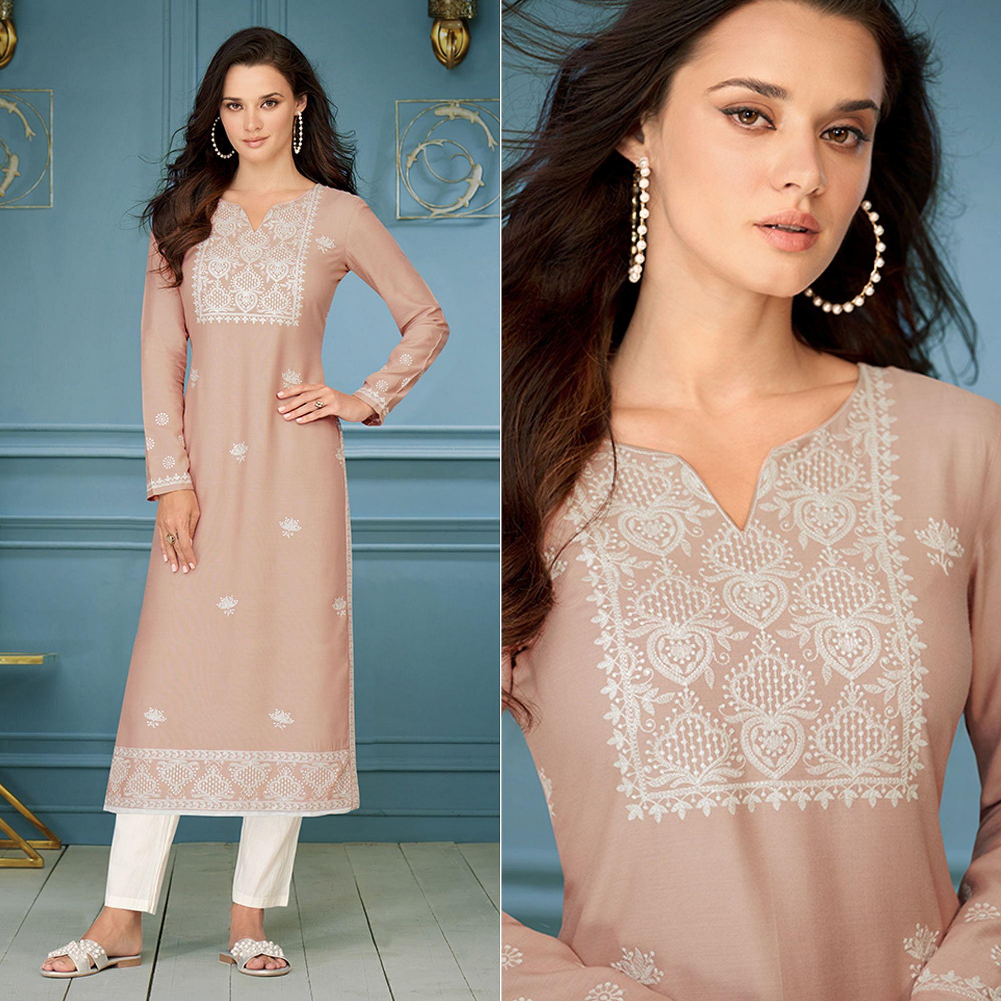 Peach Casual Wear Embroidered Rayon Kurti - Peachmode