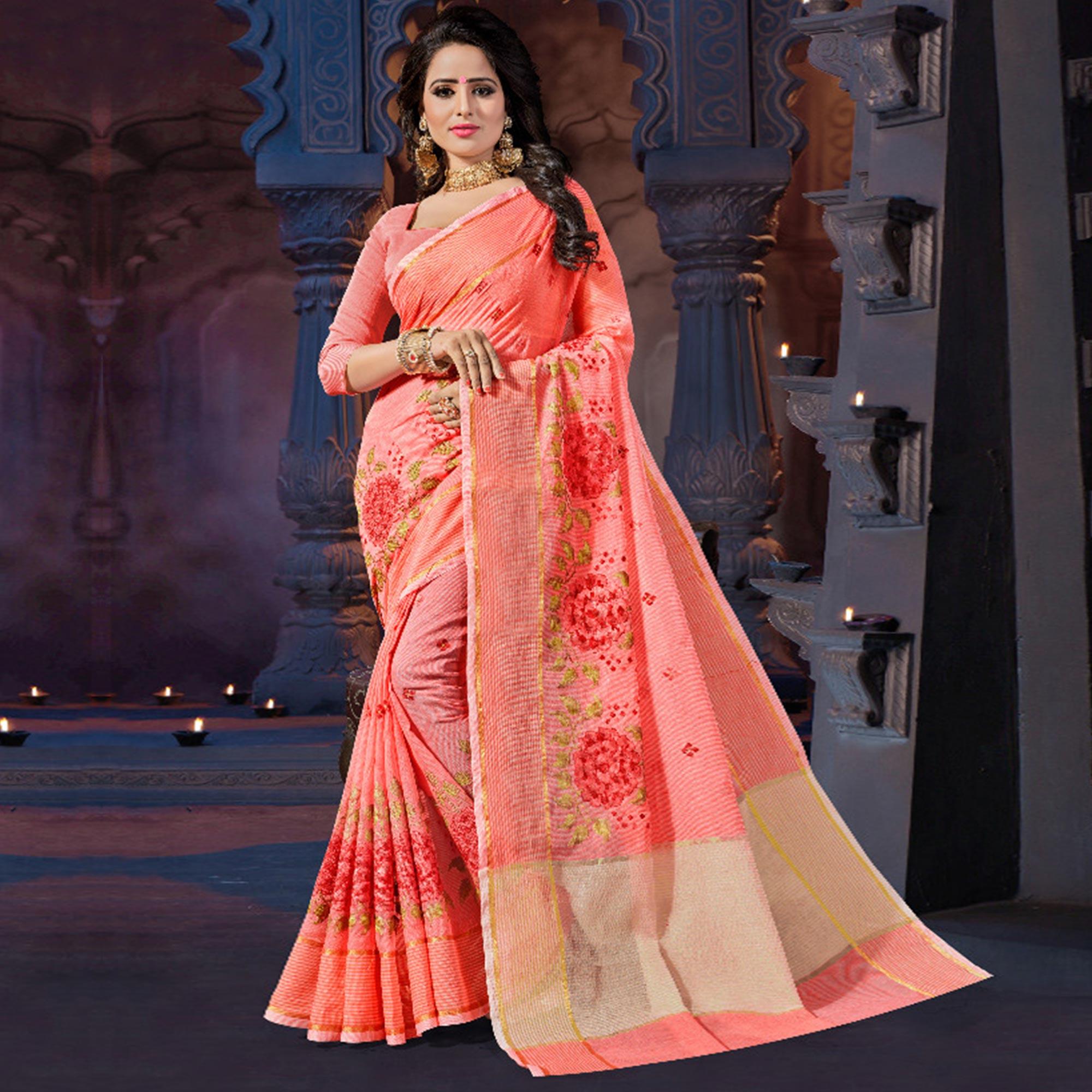 Peach Casual Wear Embroidered Supernet Saree - Peachmode