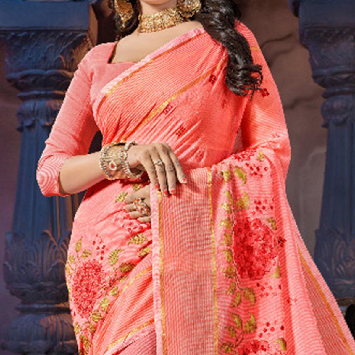 Peach Casual Wear Embroidered Supernet Saree - Peachmode