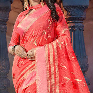 Peach Casual Wear Embroidered Supernet Saree - Peachmode