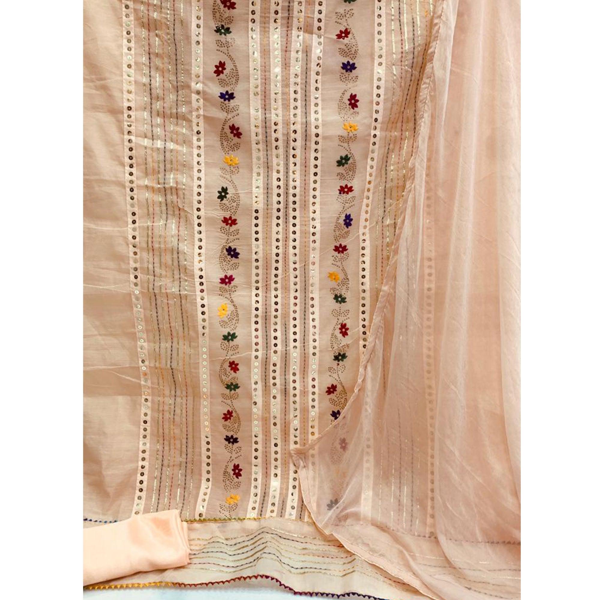 Peach Casual Wear Embroidered With Embellished Chanderi Dress Material - Peachmode