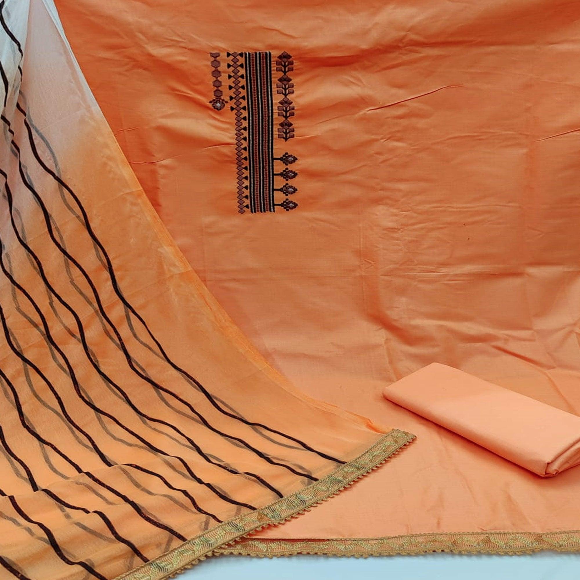 Peach Casual Wear Embroidery Work Poly Cotton Dress Material - Peachmode