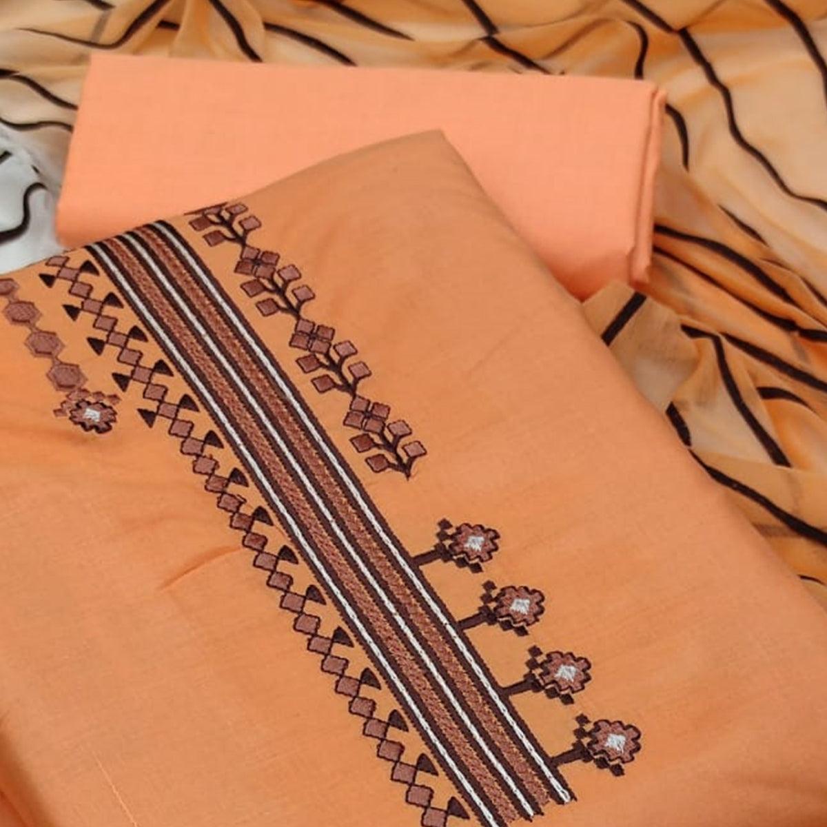 Peach Casual Wear Embroidery Work Poly Cotton Dress Material - Peachmode