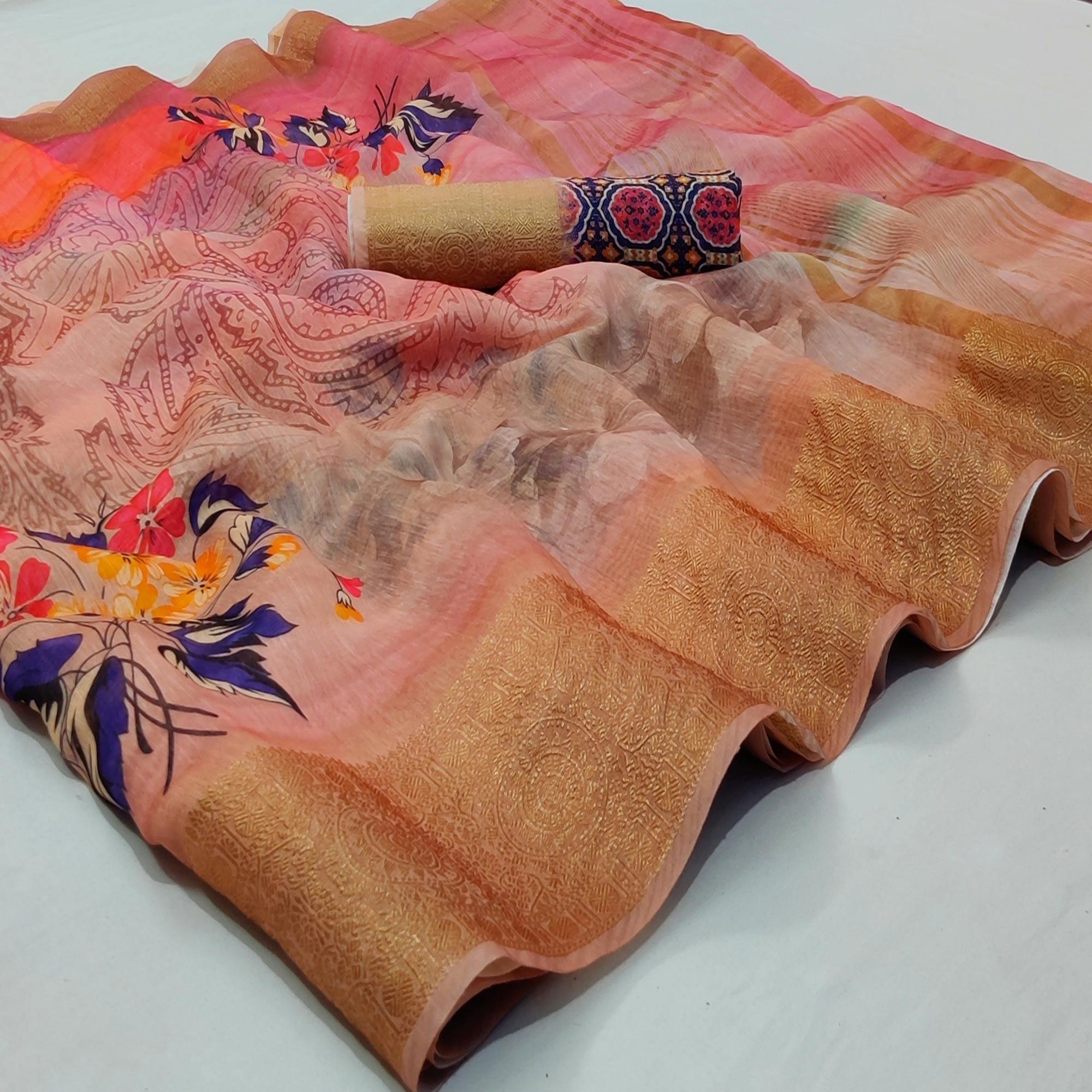 Peach Casual Wear Floral Digital Print With Woven Border Linen Saree - Peachmode