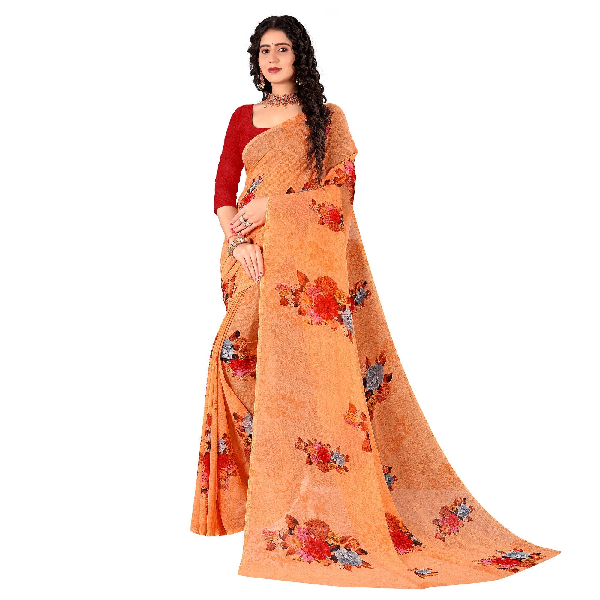 Peach Casual Wear Floral Digital Printed Heavy Georgette Saree - Peachmode